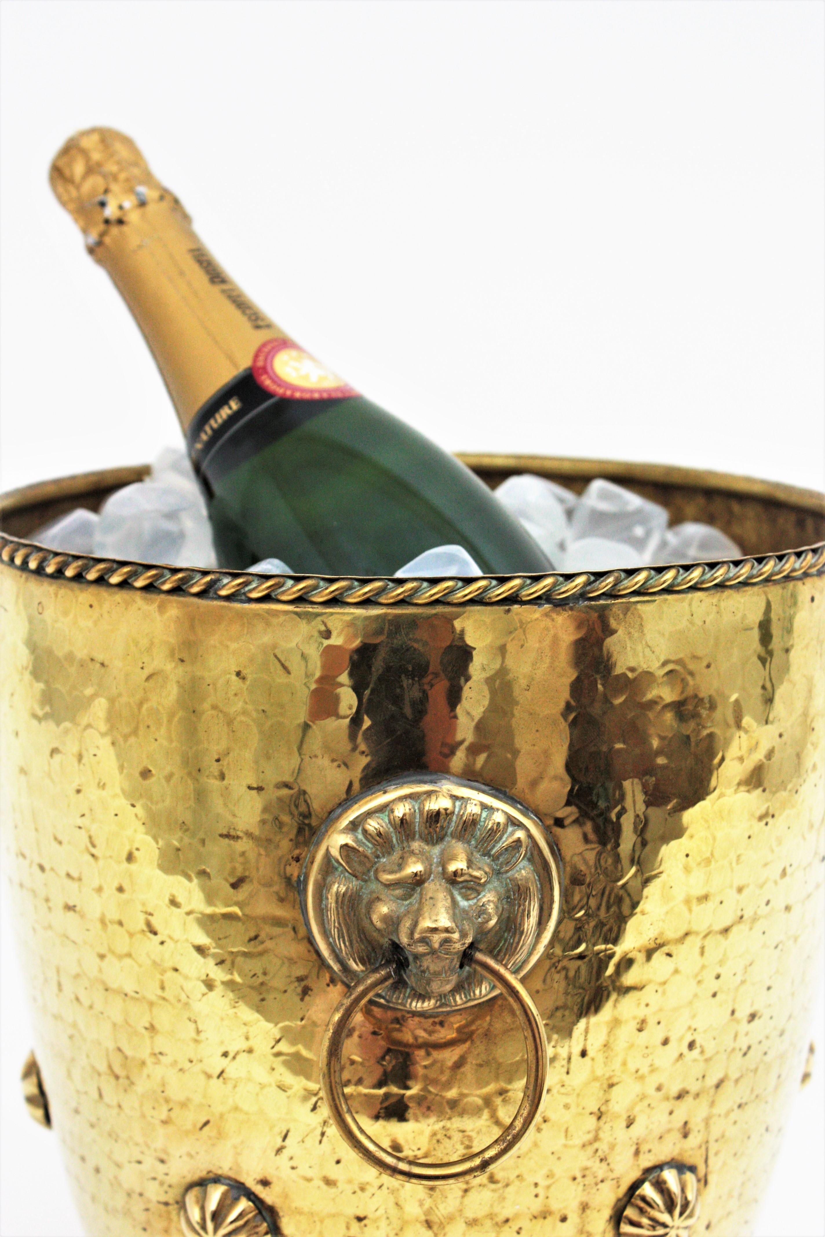 20th Century French Brass Champagne Cooler Ice Bucket with Lion Heads