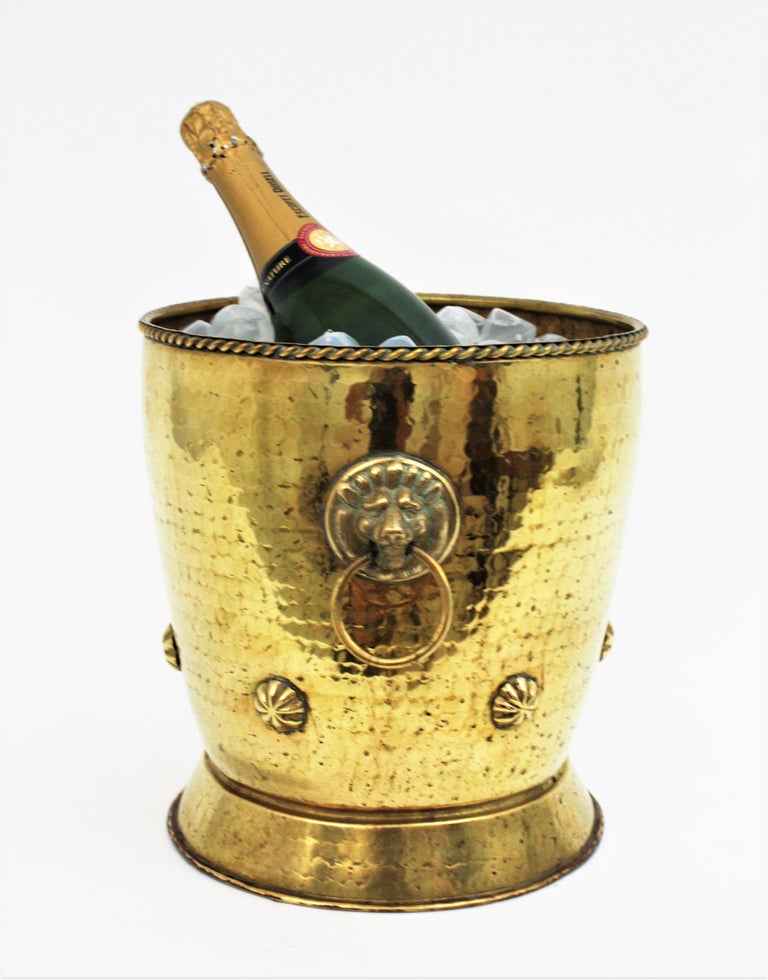French Brass Champagne Cooler Ice Bucket with Lion Heads at 1stDibs