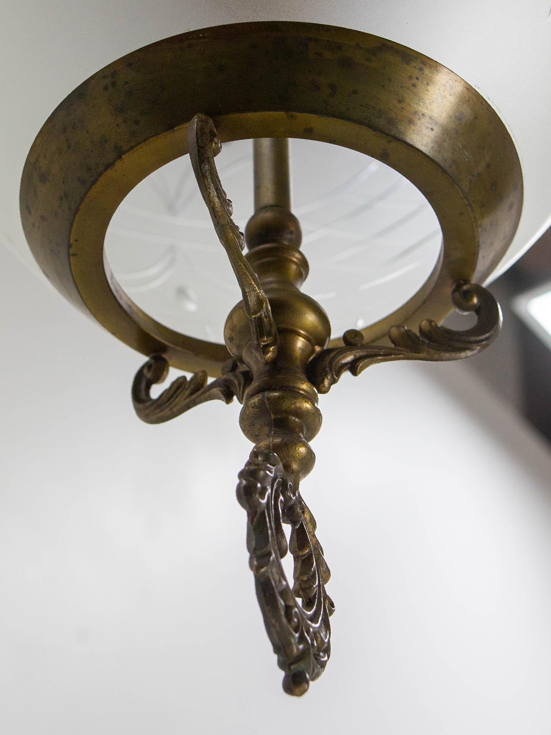 French Brass Chandelier Brass & Frozen Glass Ceiling Pendant circa 1900 For Sale 5