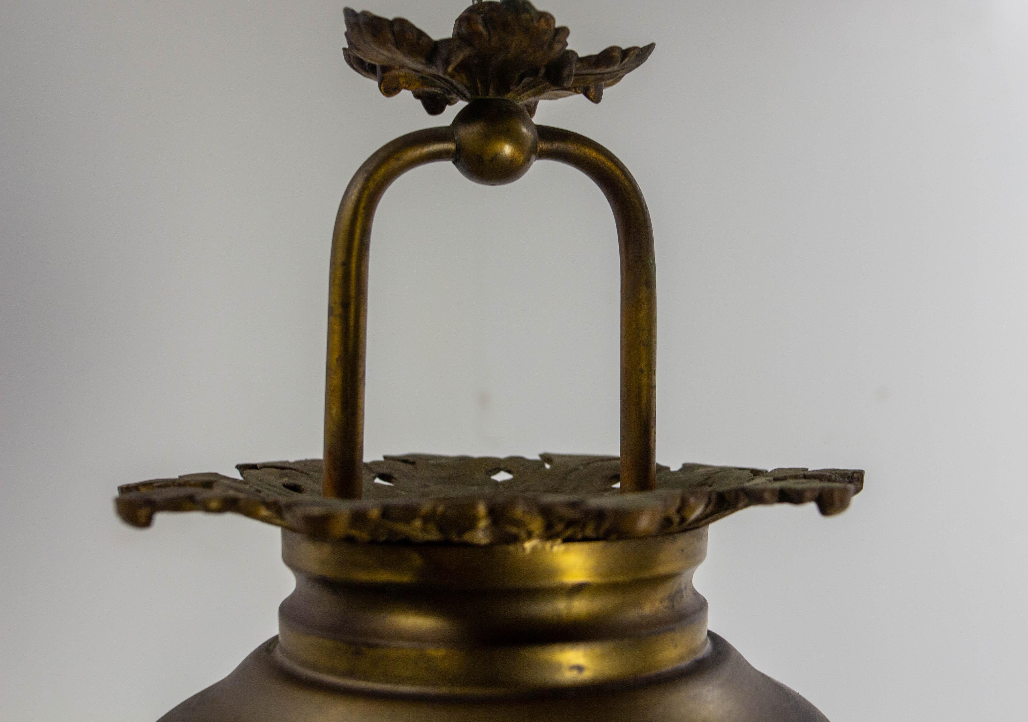 French Brass Chandelier Brass & Frozen Glass Ceiling Pendant circa 1900 For Sale 6