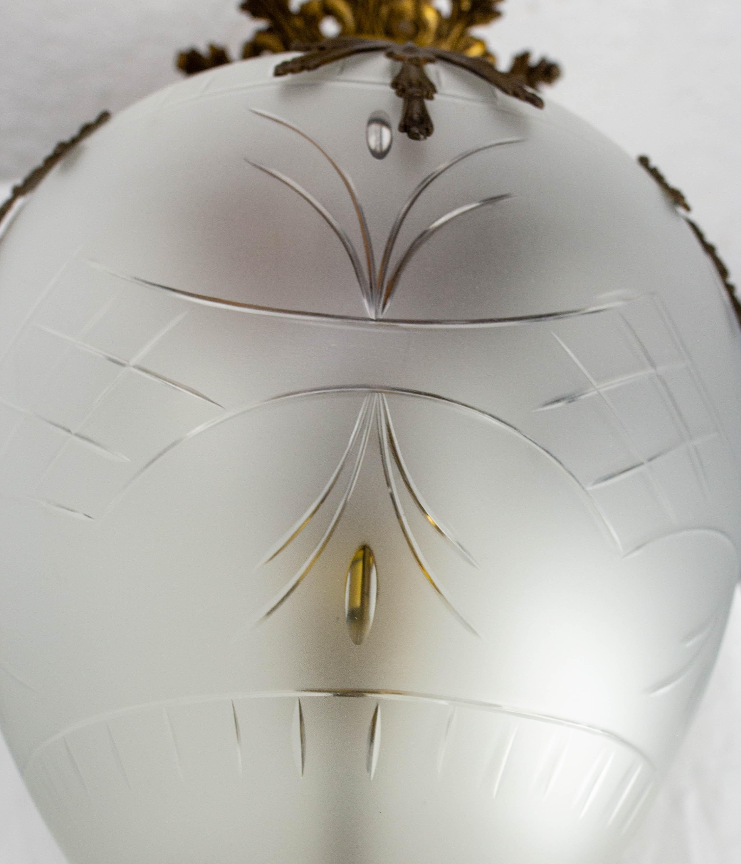 French Brass Chandelier Brass & Frozen Glass Ceiling Pendant circa 1900 For Sale 7