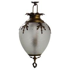 French Brass Chandelier Brass & Frozen Glass Ceiling Pendant circa 1900