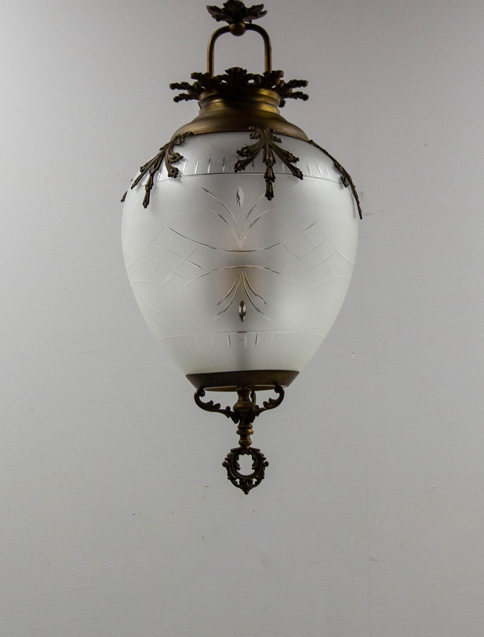 Neoclassical French Brass Chandelier Brass & Frozen Glass Ceiling Pendant circa 1900 For Sale
