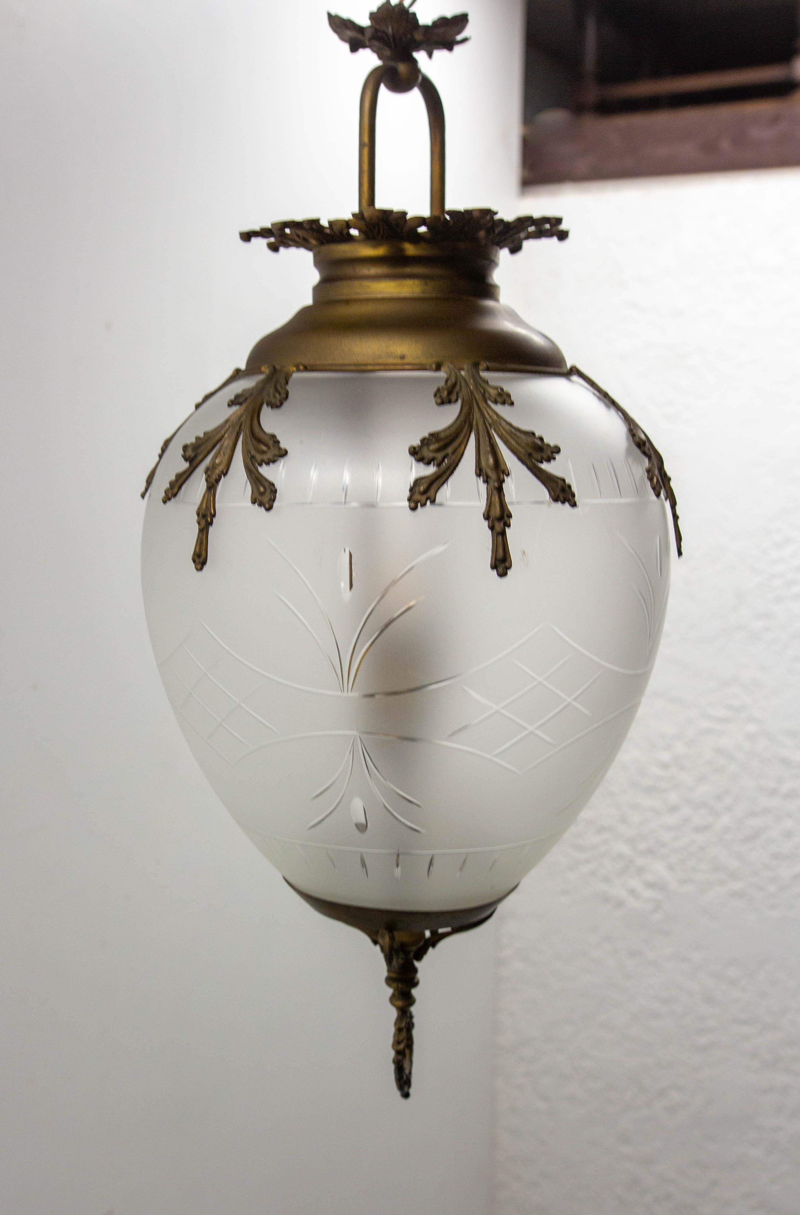 French Brass Chandelier Brass & Frozen Glass Ceiling Pendant circa 1900 For Sale 1