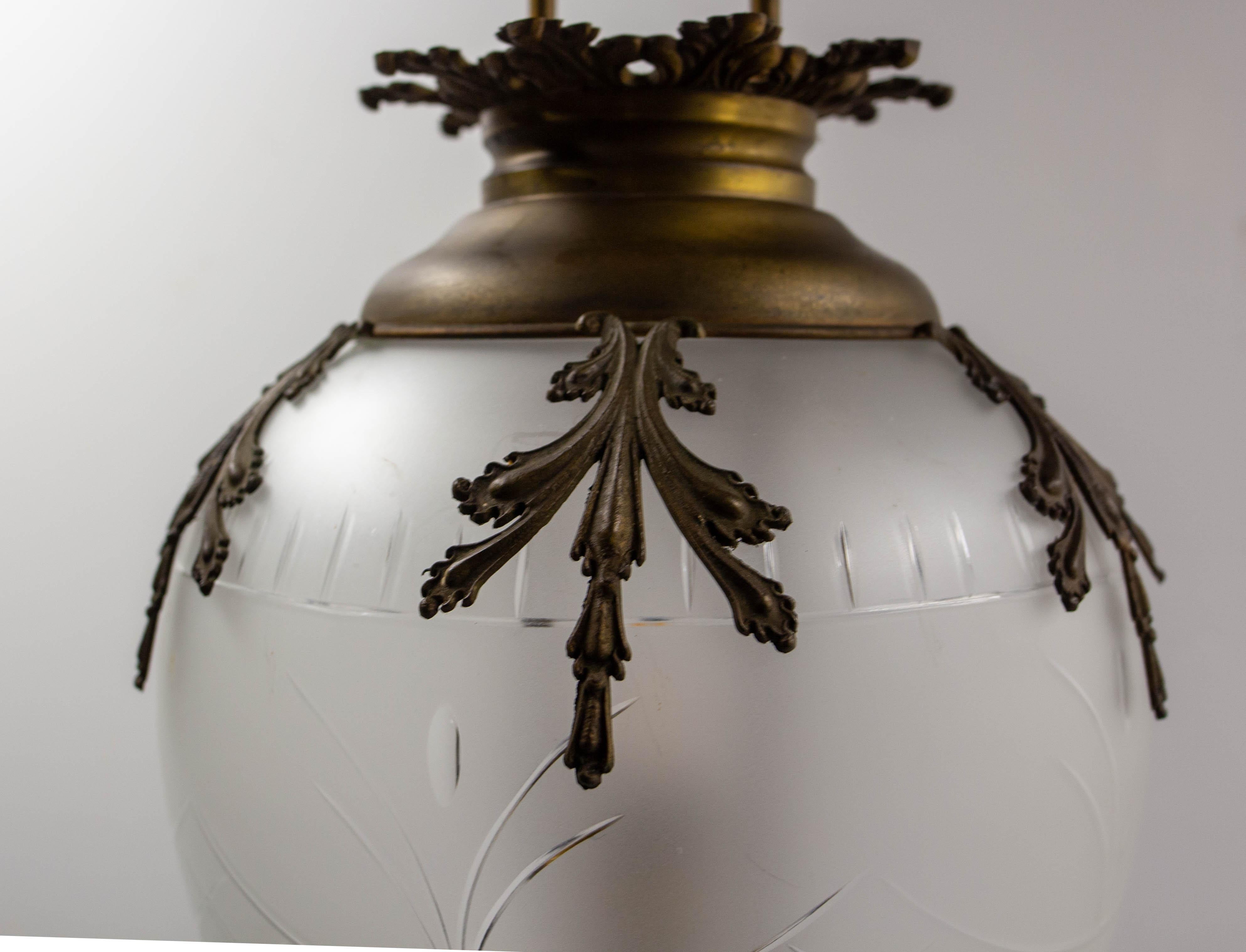 French Brass Chandelier Brass & Frozen Glass Ceiling Pendant circa 1900 For Sale 2