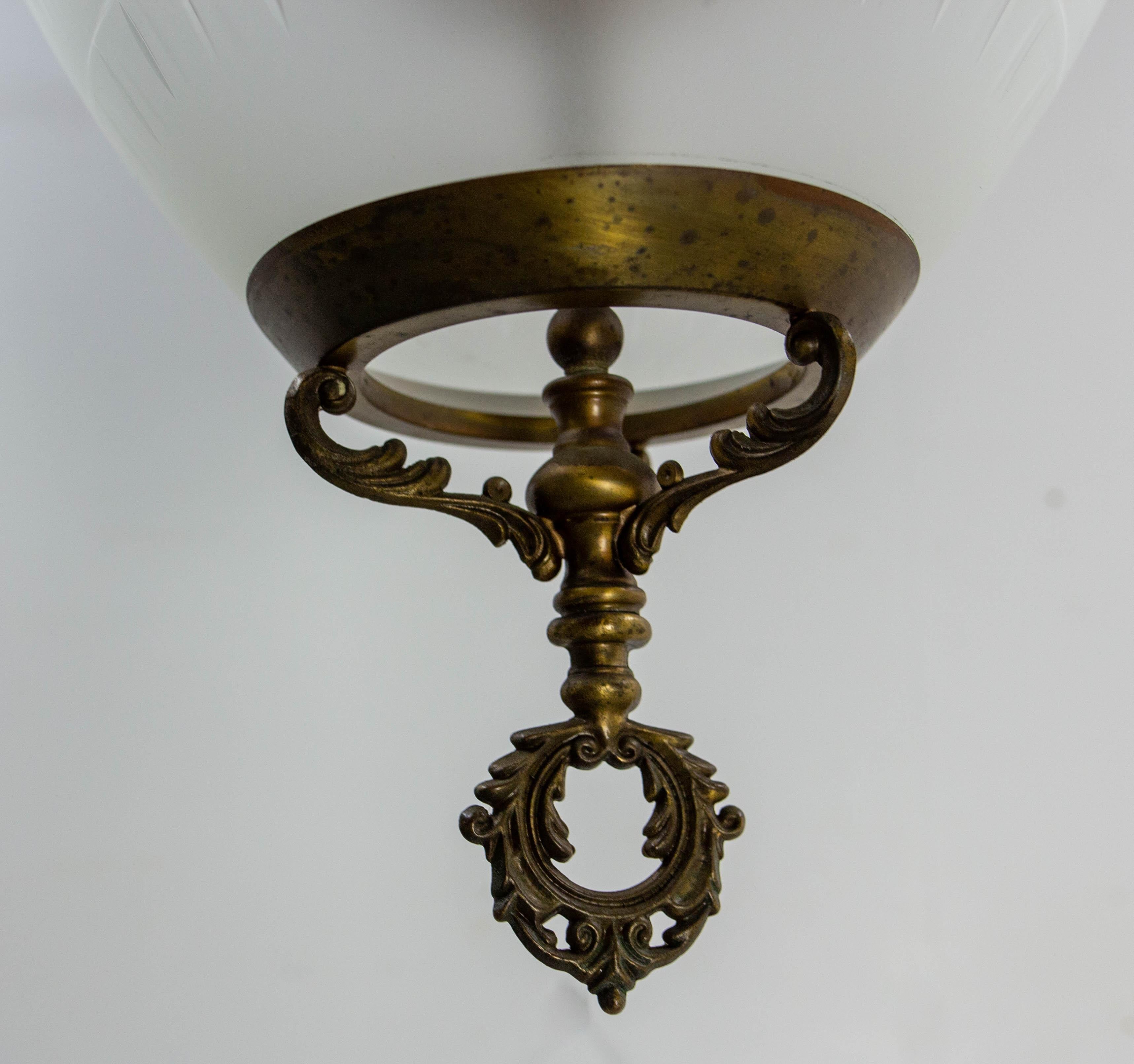 French Brass Chandelier Brass & Frozen Glass Ceiling Pendant circa 1900 For Sale 3