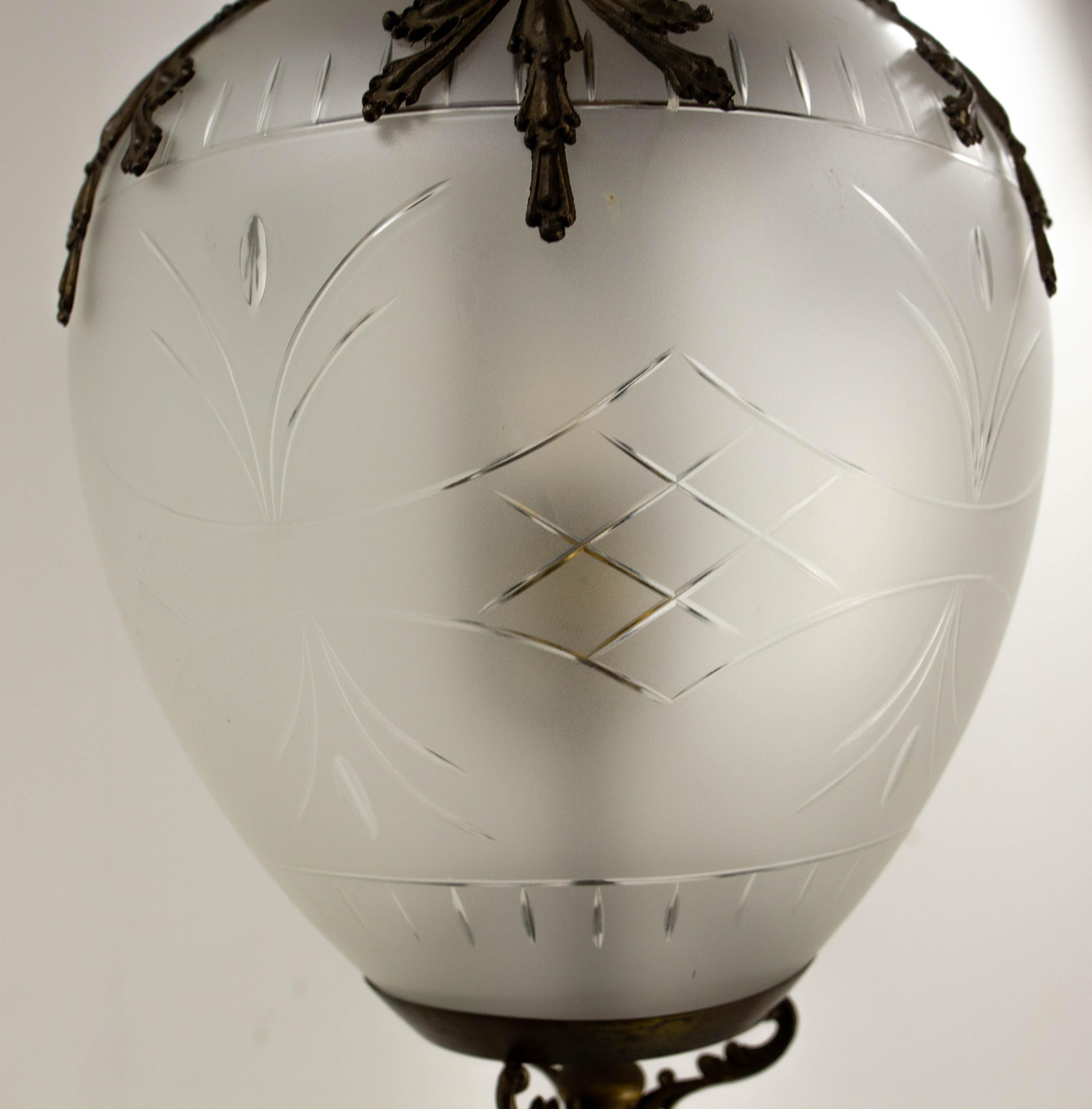 French Brass Chandelier Brass & Frozen Glass Ceiling Pendant circa 1900 For Sale 4