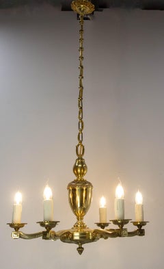 French Brass Chandelier Ceiling Pendant 6 Bulbs, circa 1940
