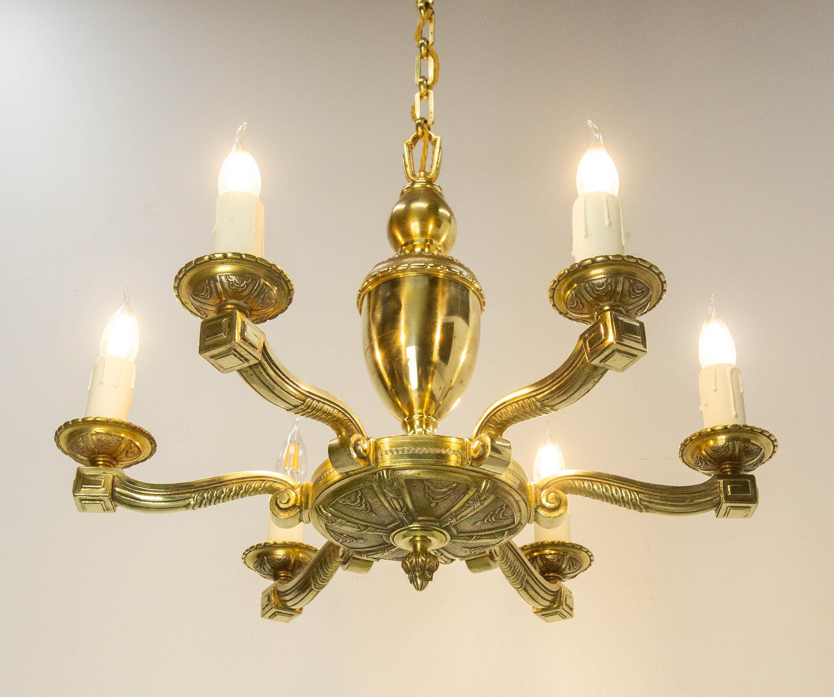 Francese Lampadario a soffitto in ottone francese con 6 lampadine, circa 1940 in vendita