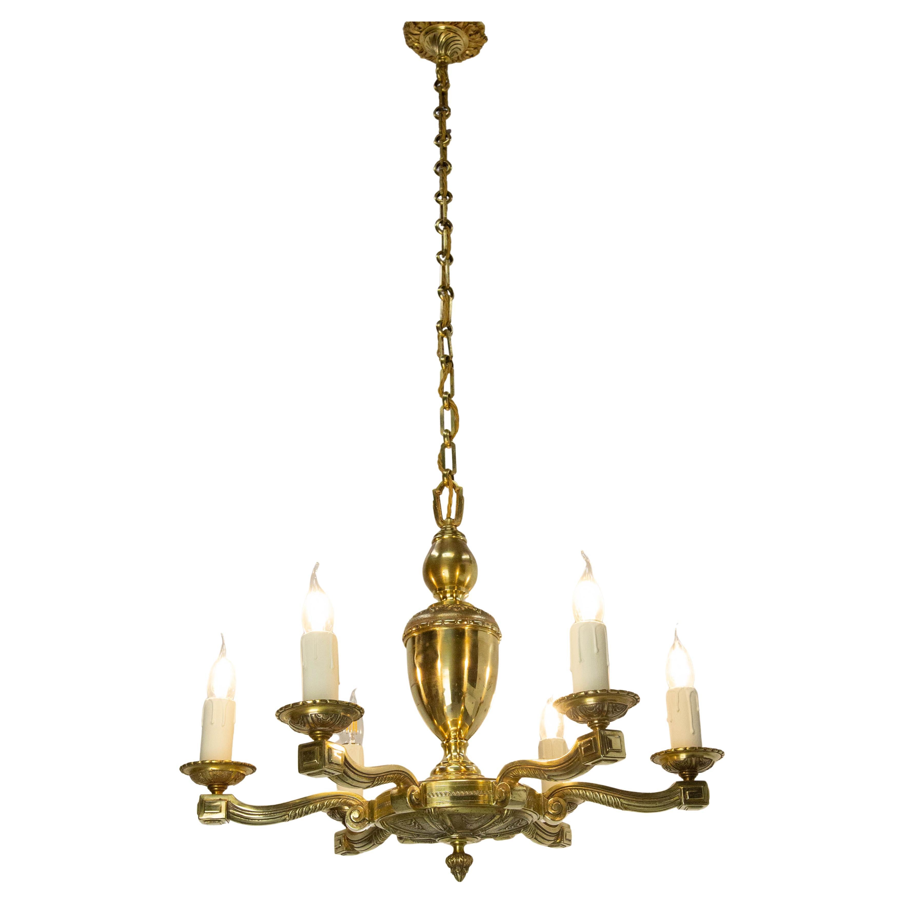 Lampadario a soffitto in ottone francese con 6 lampadine, circa 1940 in vendita