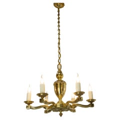 French Brass Chandelier Ceiling Pendant 6 Bulbs, circa 1940