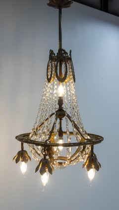 French Brass Chandelier with Crystal Drops Ceiling Pendant circa 1900
