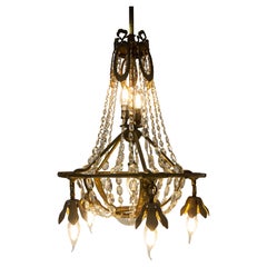 French Brass Chandelier with Crystal Drops Ceiling Pendant circa 1900