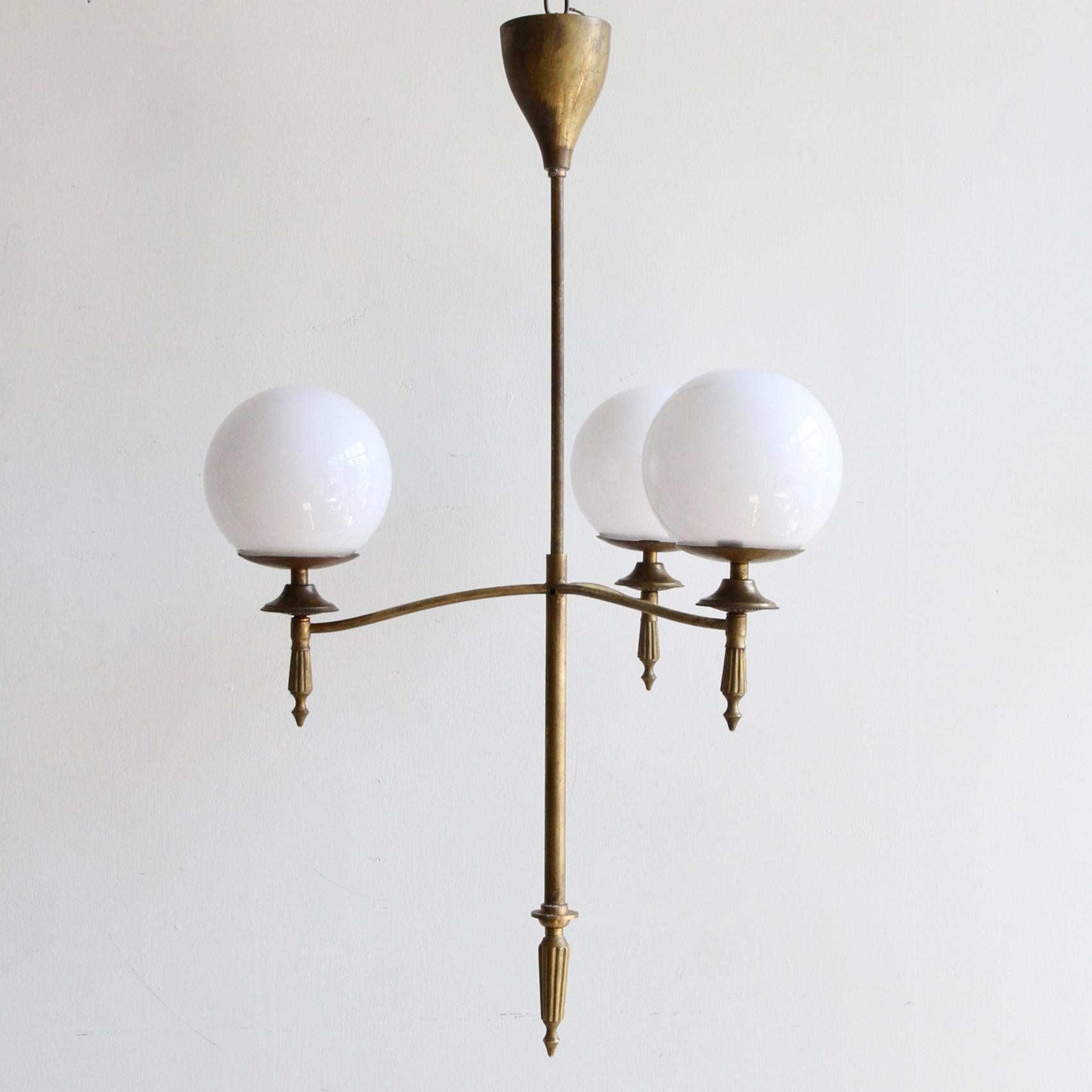 French Brass Chandelier with Opaline Glass Shades In Distressed Condition In Stockport, GB