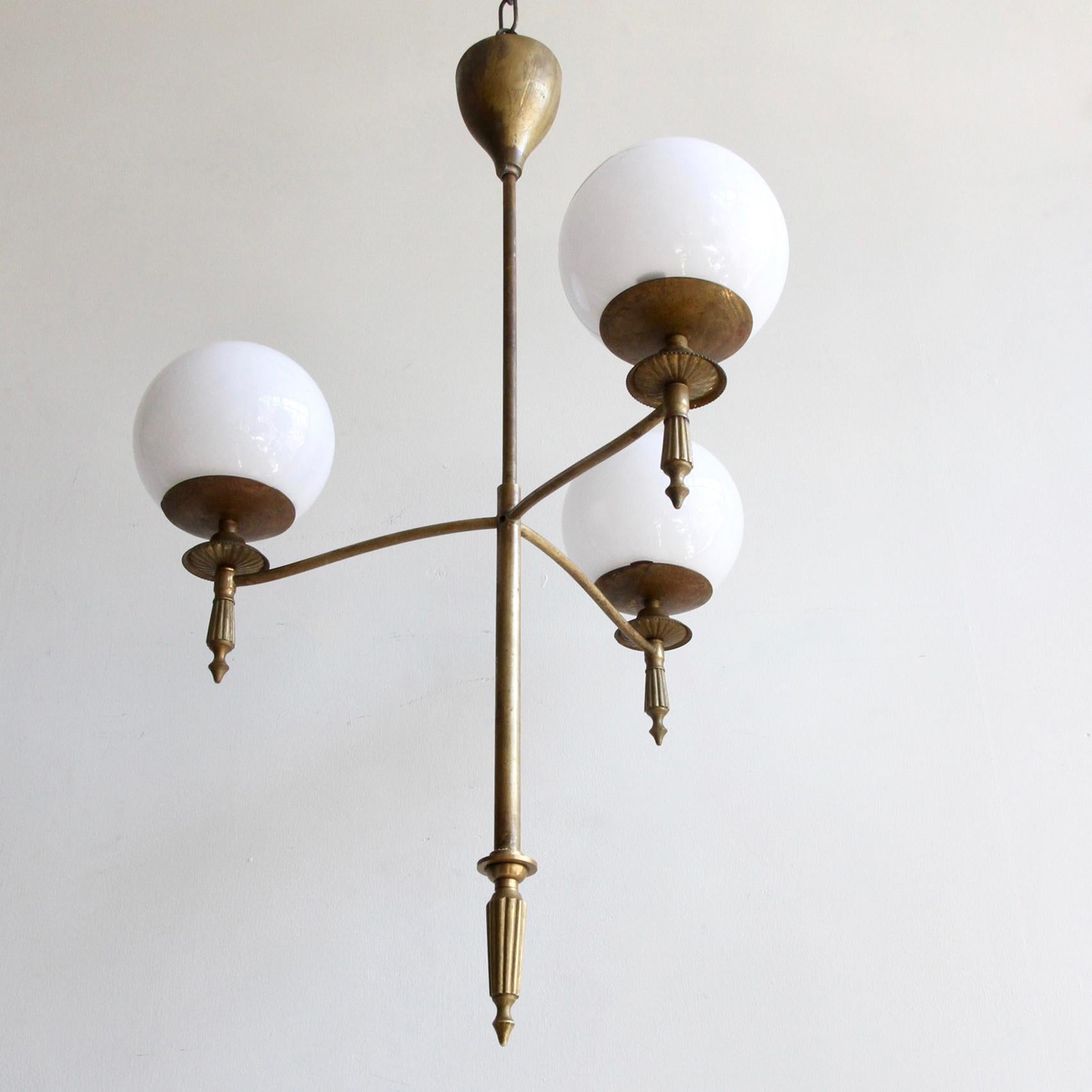 Early 20th Century French Brass Chandelier with Opaline Glass Shades