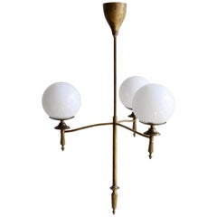 Antique French Brass Chandelier with Opaline Glass Shades