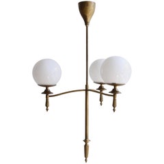 French Brass Chandelier with Opaline Globe Shades