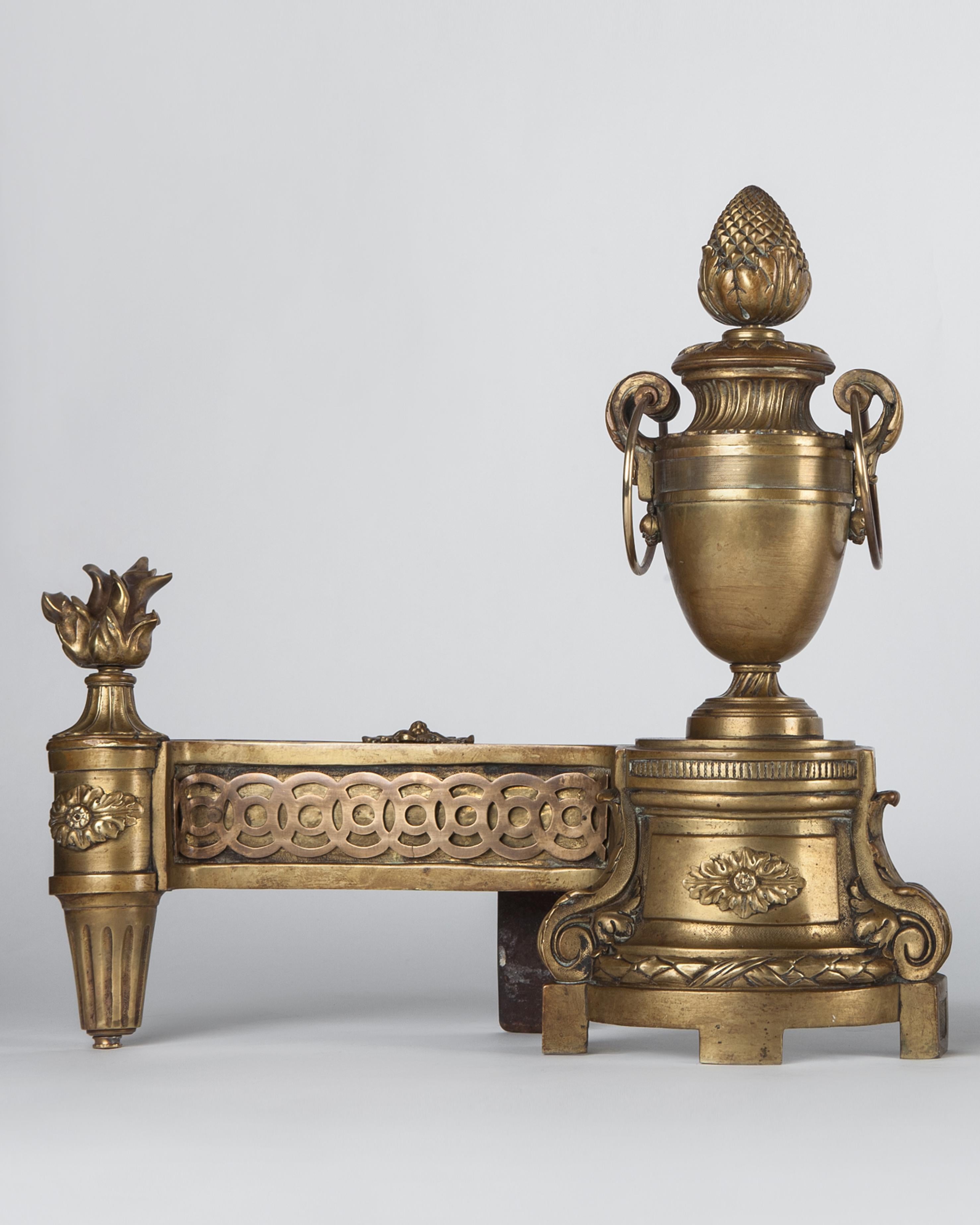 French Urn Form Chenets with Flame and Pinecone Finials in Aged Brass, c. 1860s In Good Condition For Sale In New York, NY