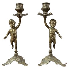 French Brass Cherub Candlestick Holders, Set of 2