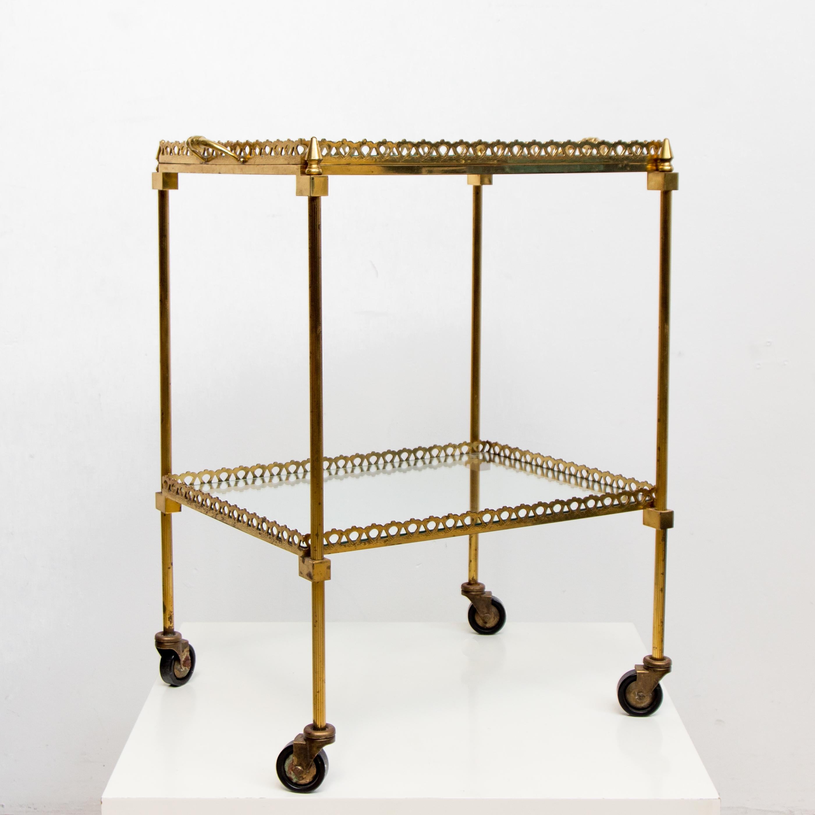 Mid-Century Modern French Brass Cocktail Cart with Mirrored Glass Top, 1960s