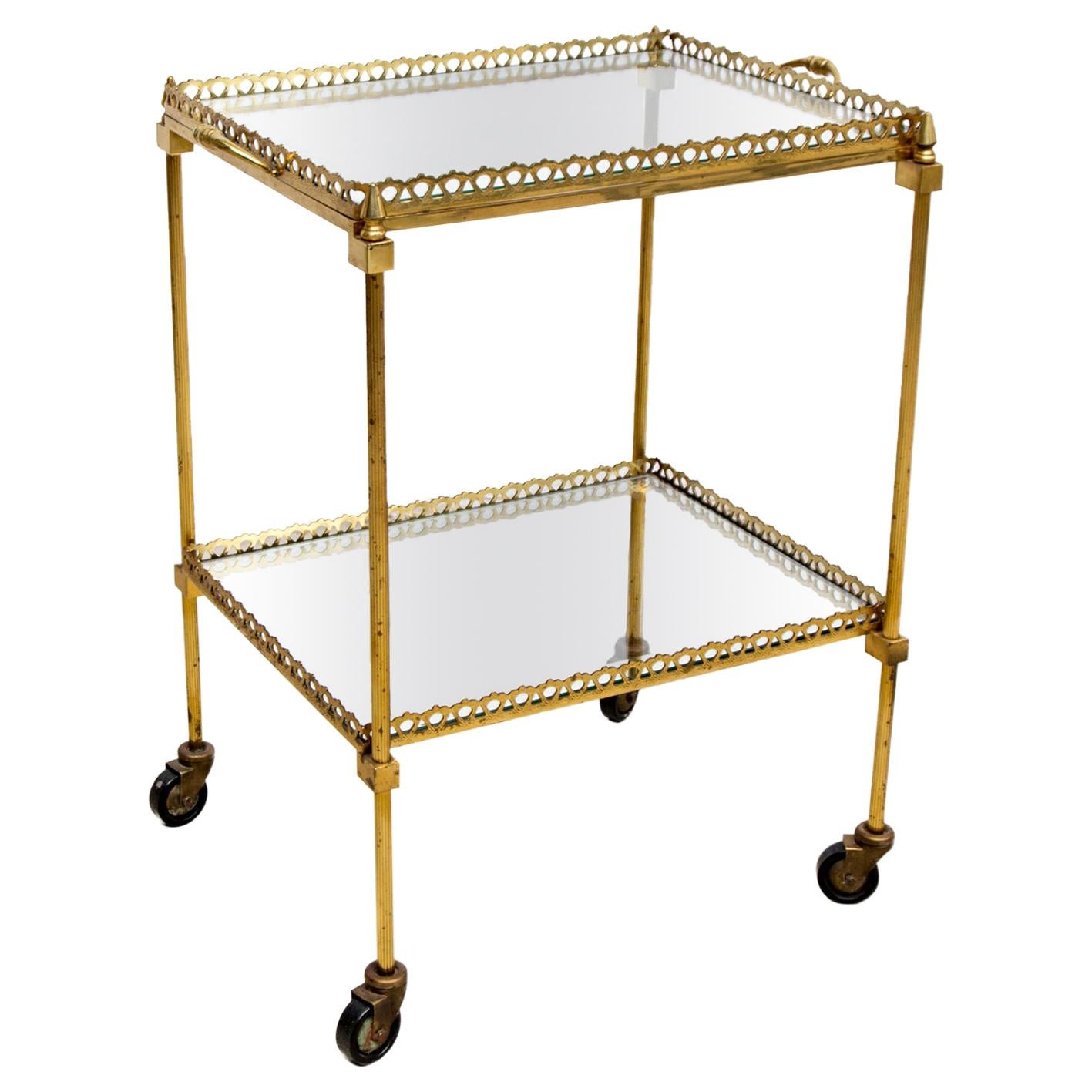 French Brass Cocktail Cart with Mirrored Glass Top, 1960s