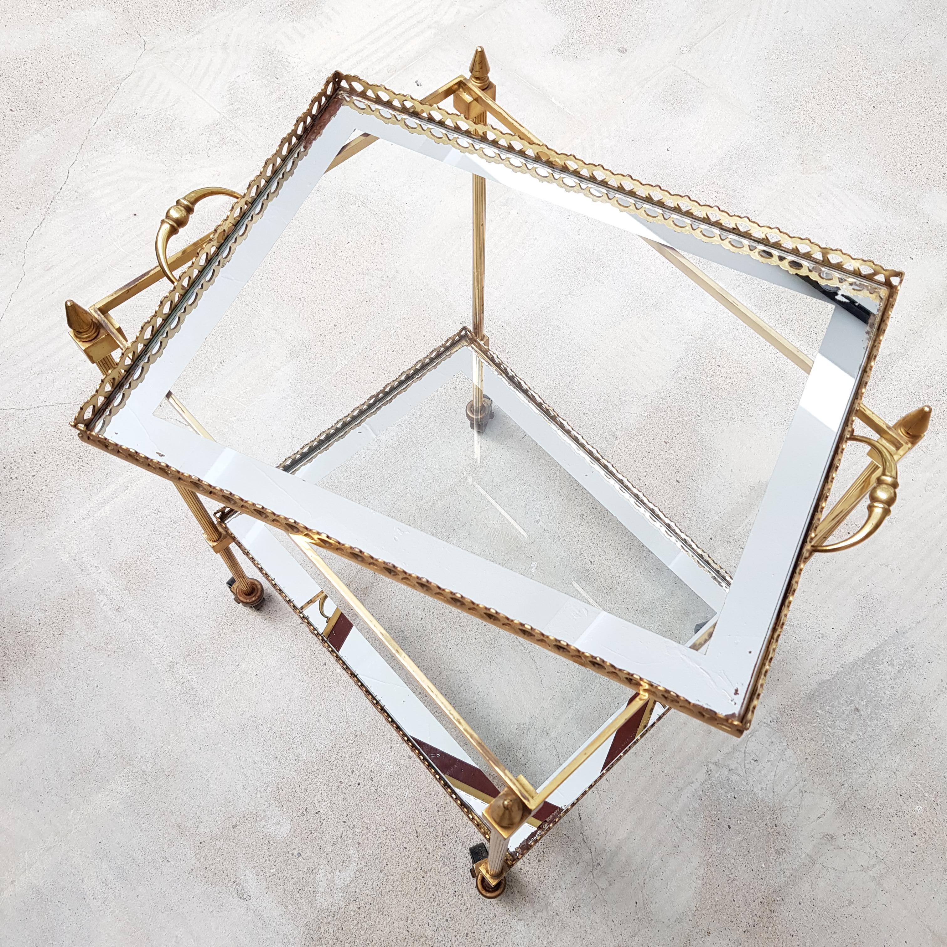 Mid-20th Century French Brass Cocktail Cart with Mirrored Glass Top, Maison Bagues Style. 