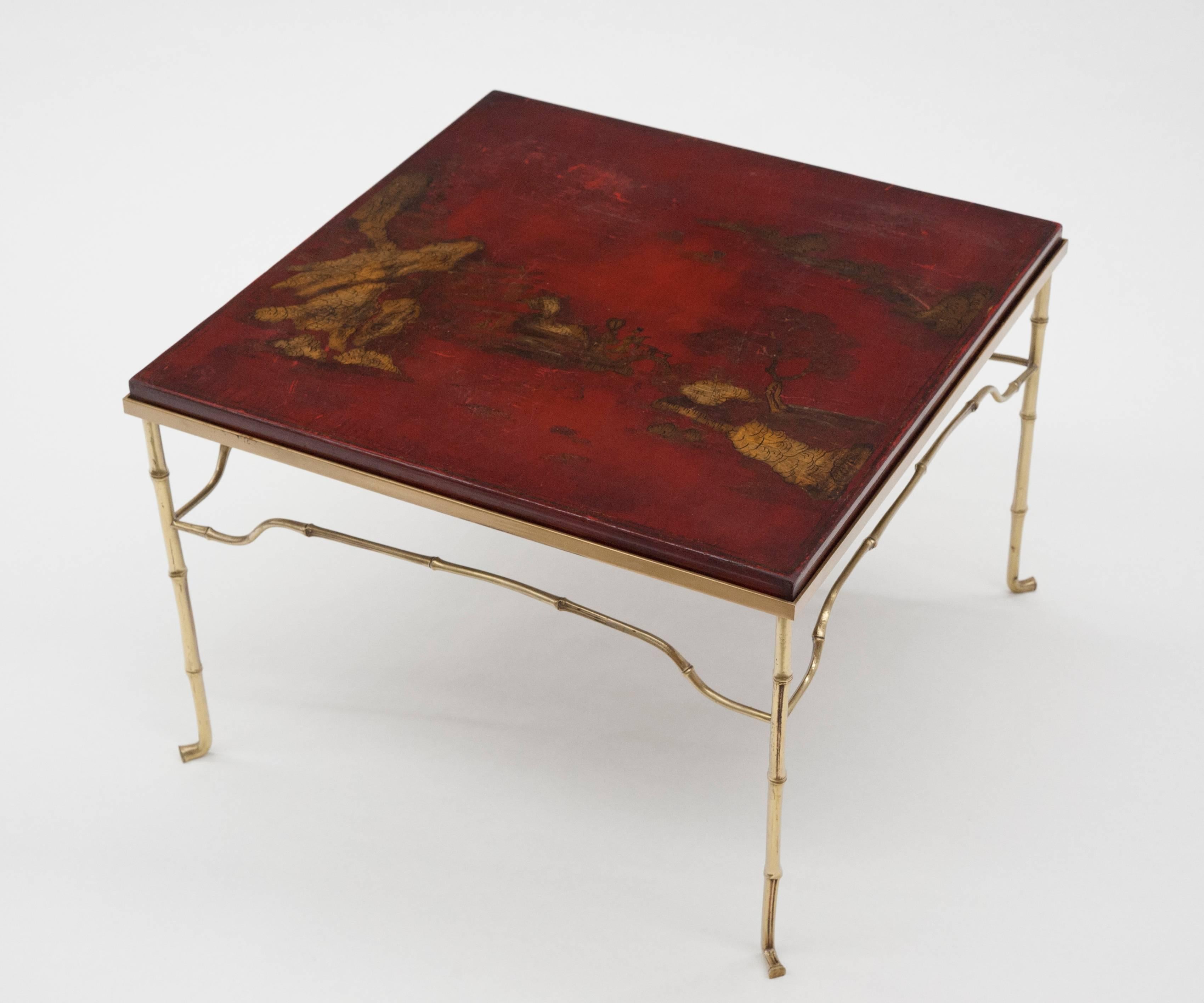 French Brass Cocktail Table with Antique Asian Red Lacquerd Top 6