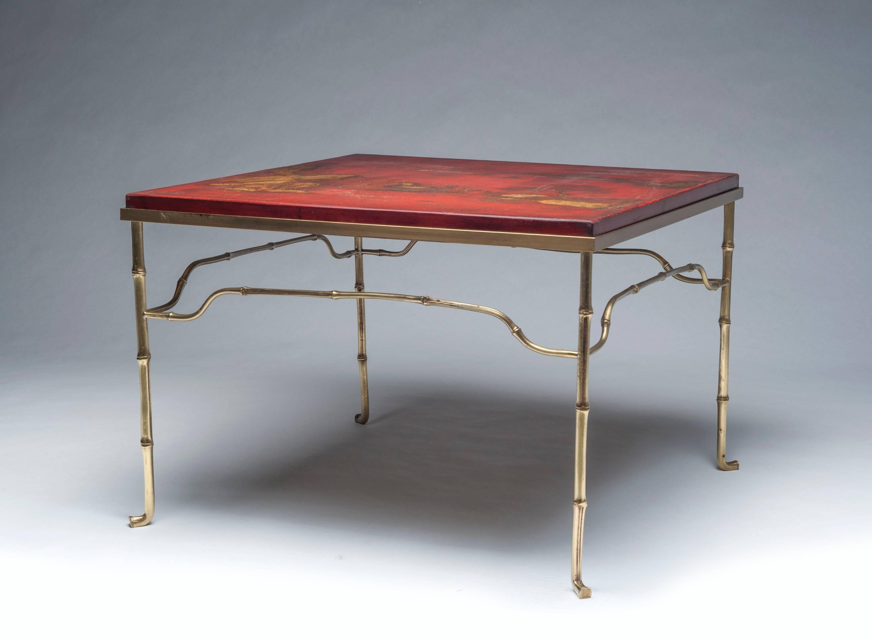 French Brass Cocktail Table with Antique Asian Red Lacquerd Top 7