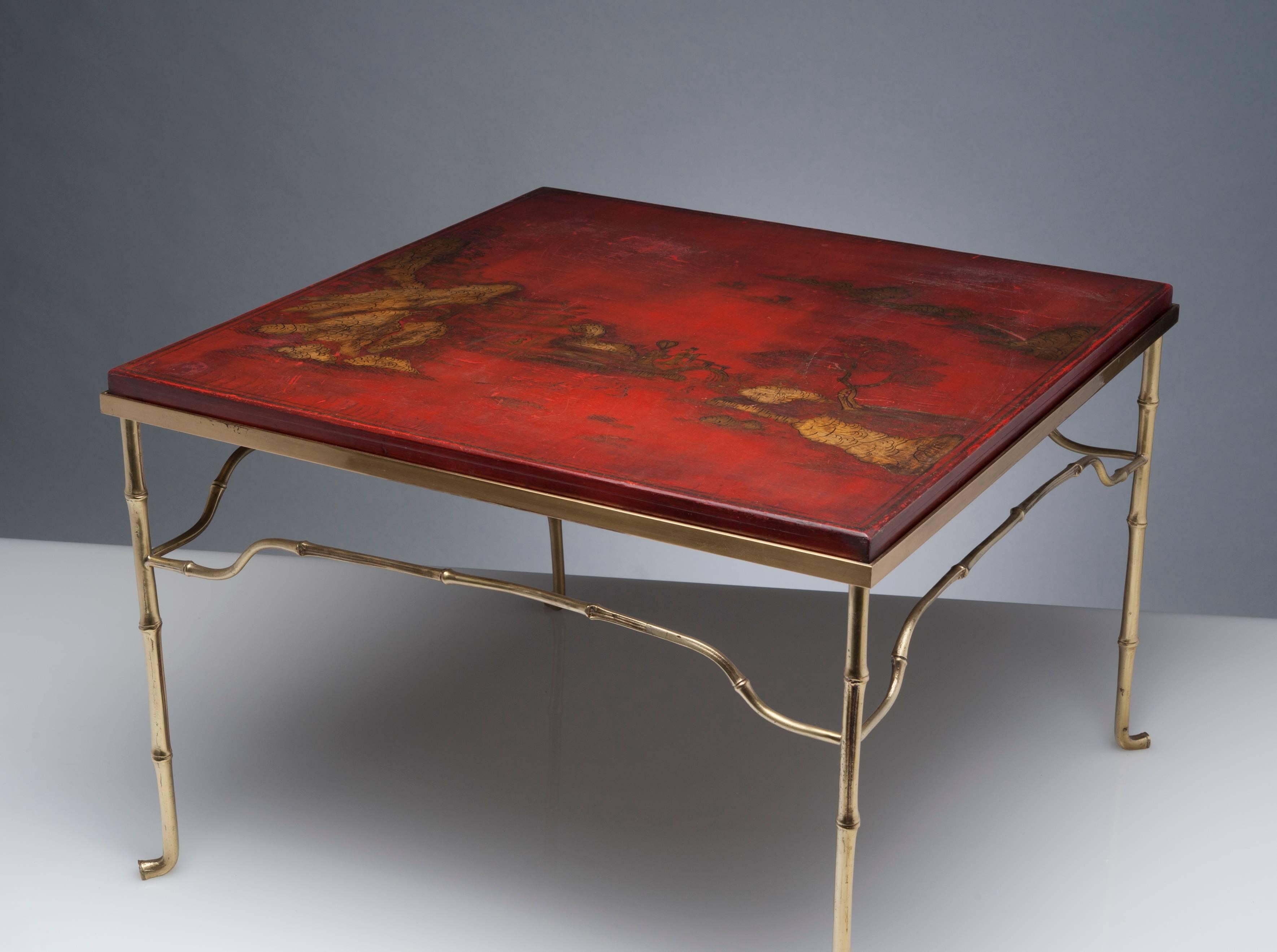 French Brass Cocktail Table with Antique Asian Red Lacquerd Top In Good Condition In Washington, DC