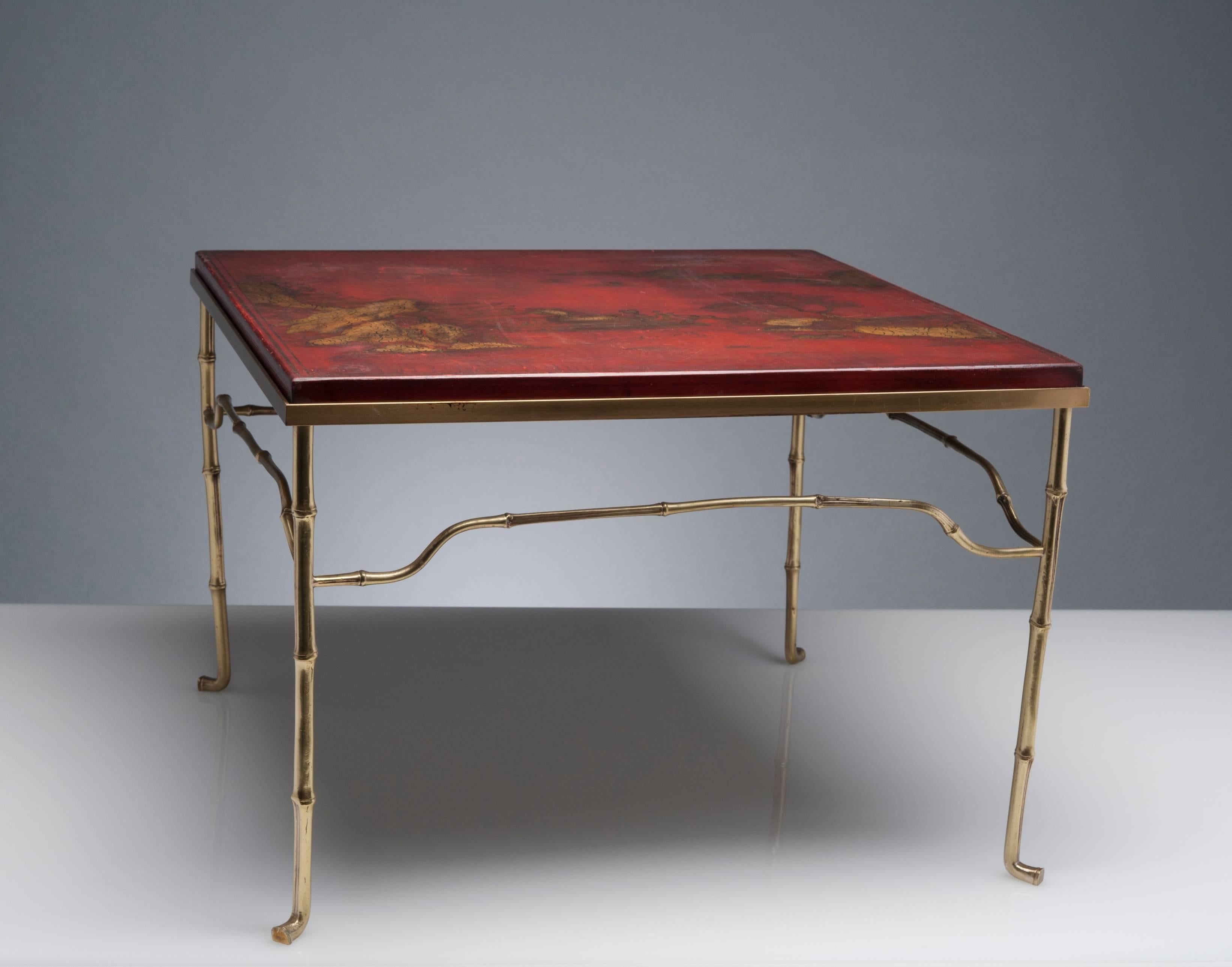 Mid-20th Century French Brass Cocktail Table with Antique Asian Red Lacquerd Top
