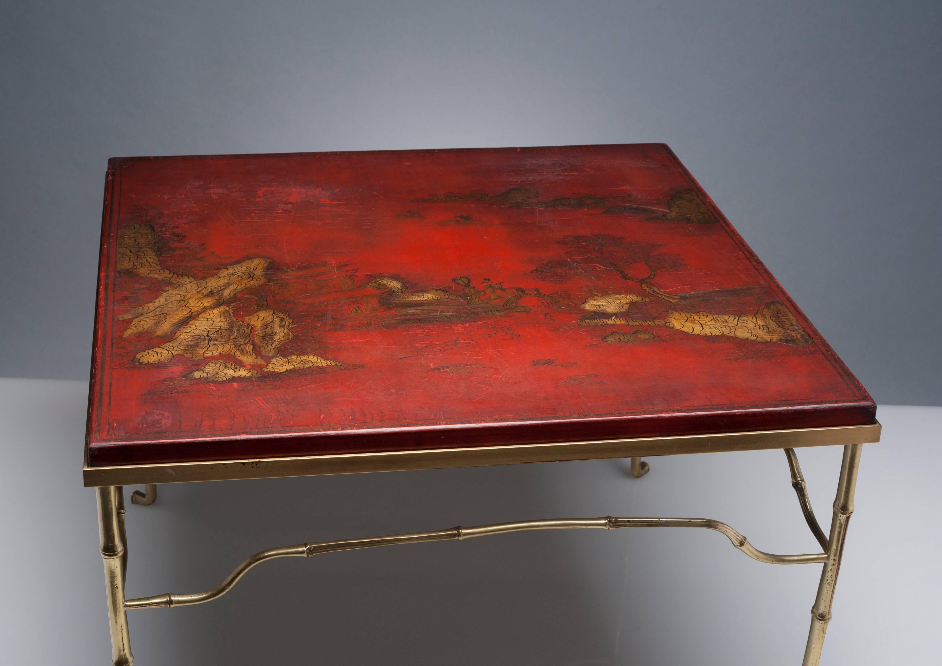French Brass Cocktail Table with Antique Asian Red Lacquerd Top 1