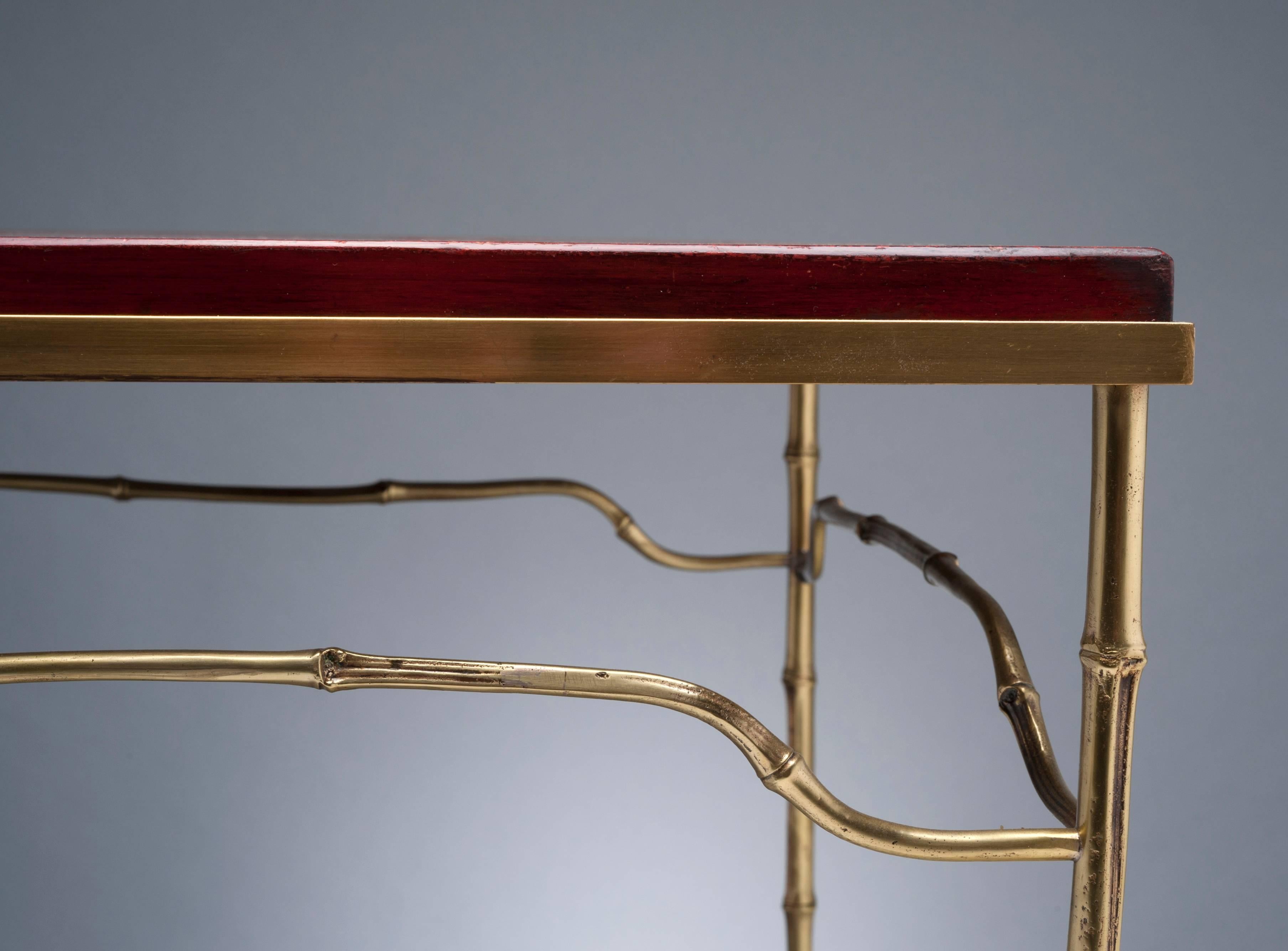 French Brass Cocktail Table with Antique Asian Red Lacquerd Top 2