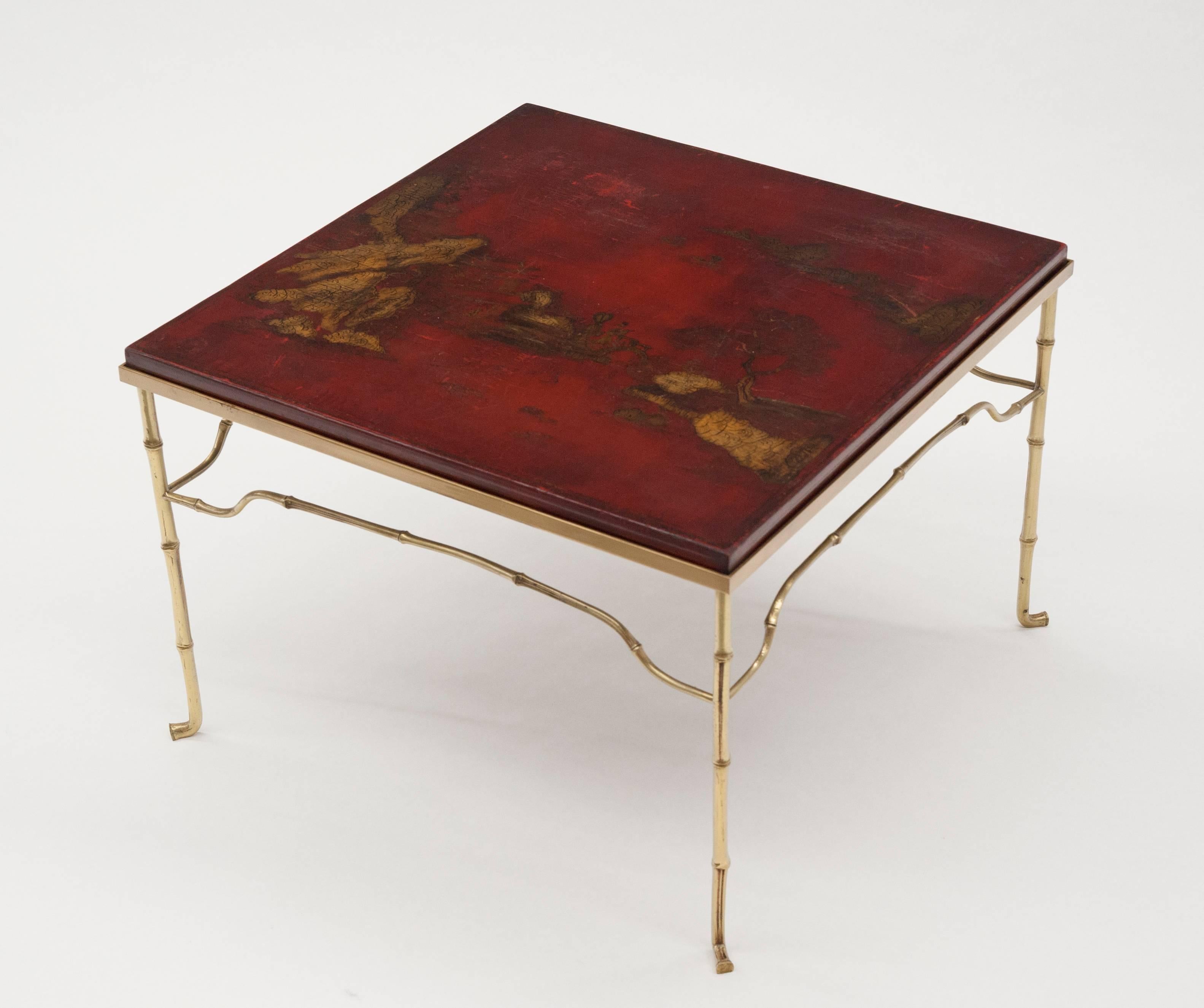 French Brass Cocktail Table with Antique Asian Red Lacquerd Top 3
