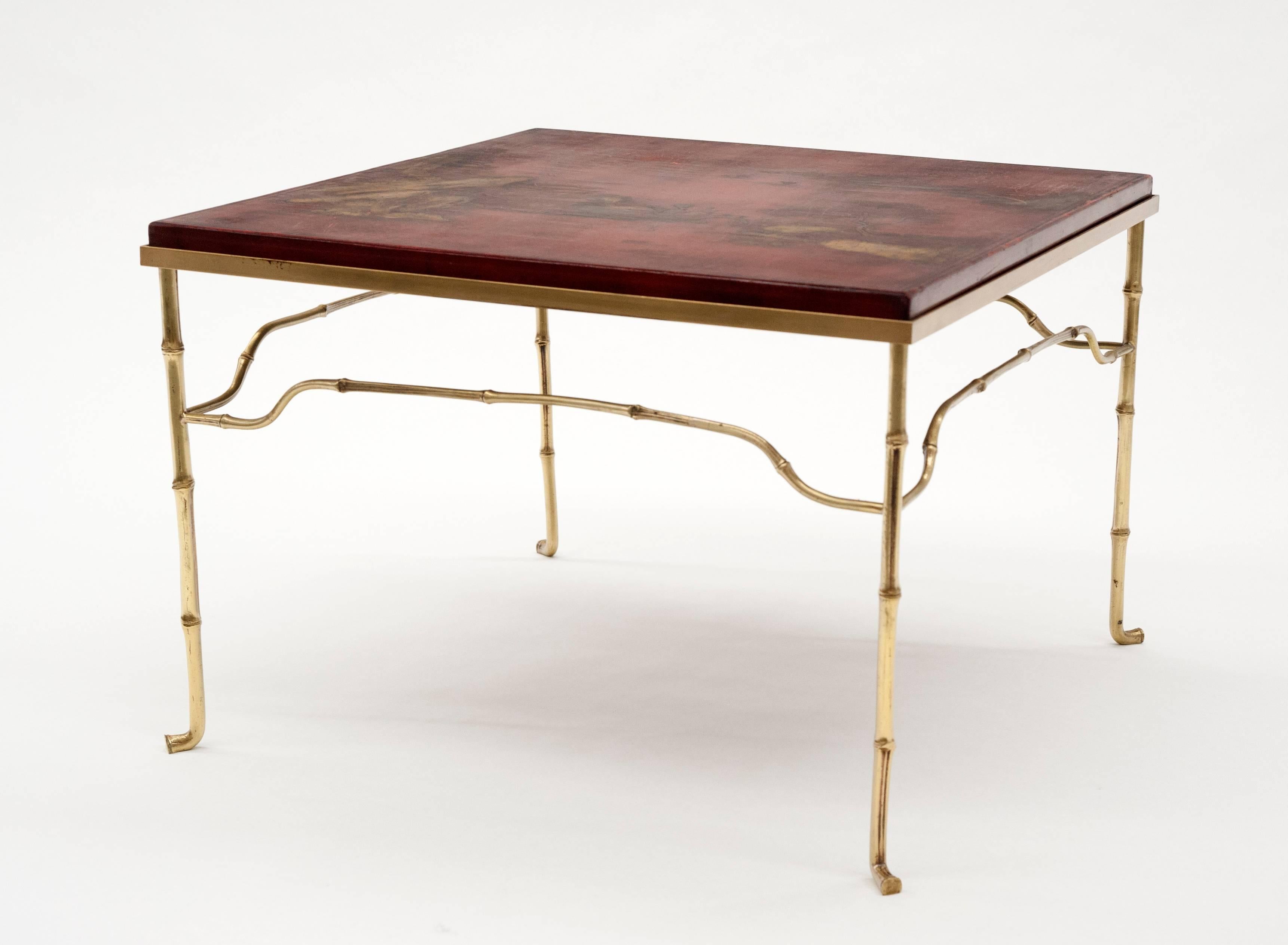 French Brass Cocktail Table with Antique Asian Red Lacquerd Top 5