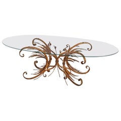 French Brass Coffee Table with Oval Glass Top