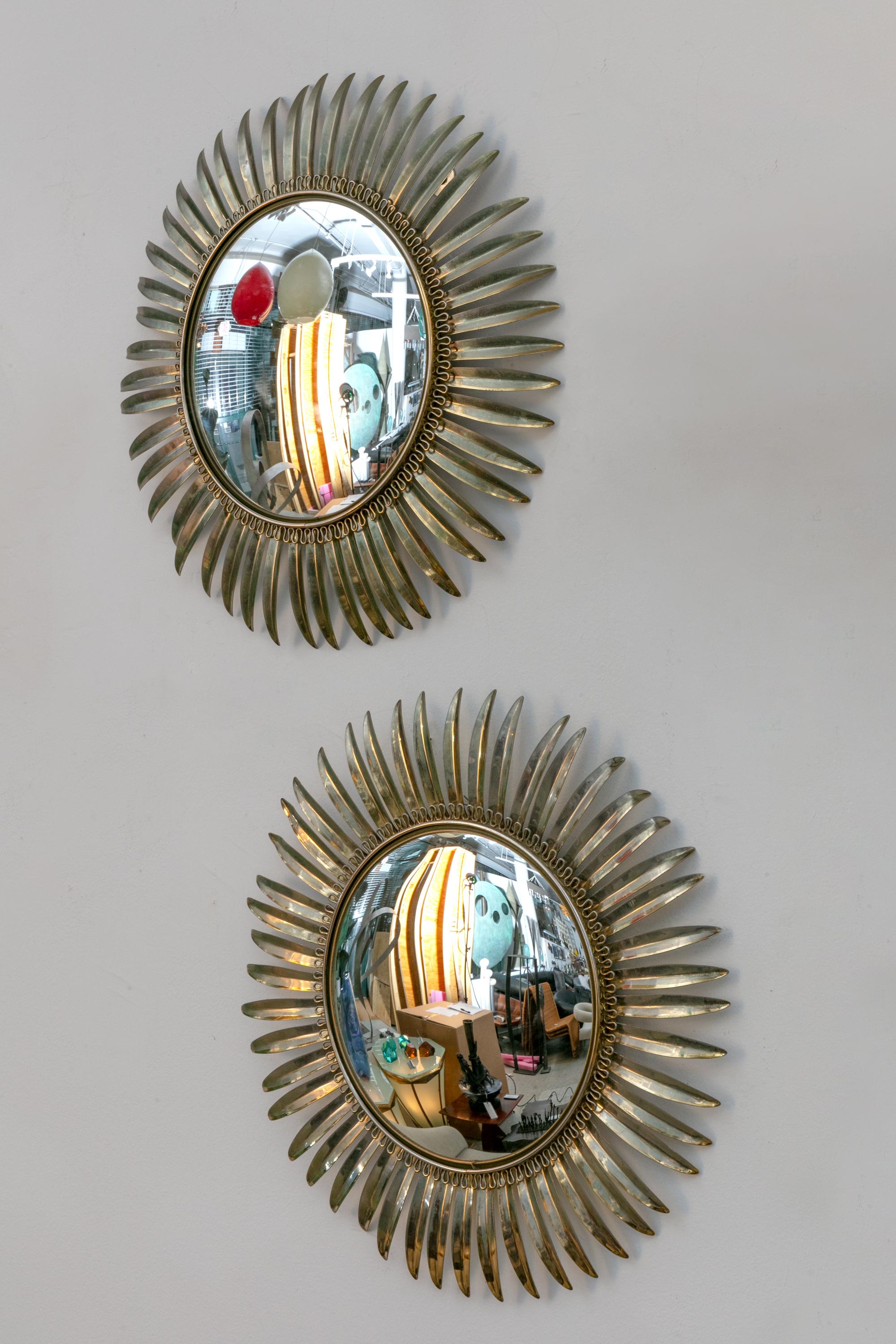 Mid-Century Modern Brass Convex Sunburst Mirrors, France 1950s