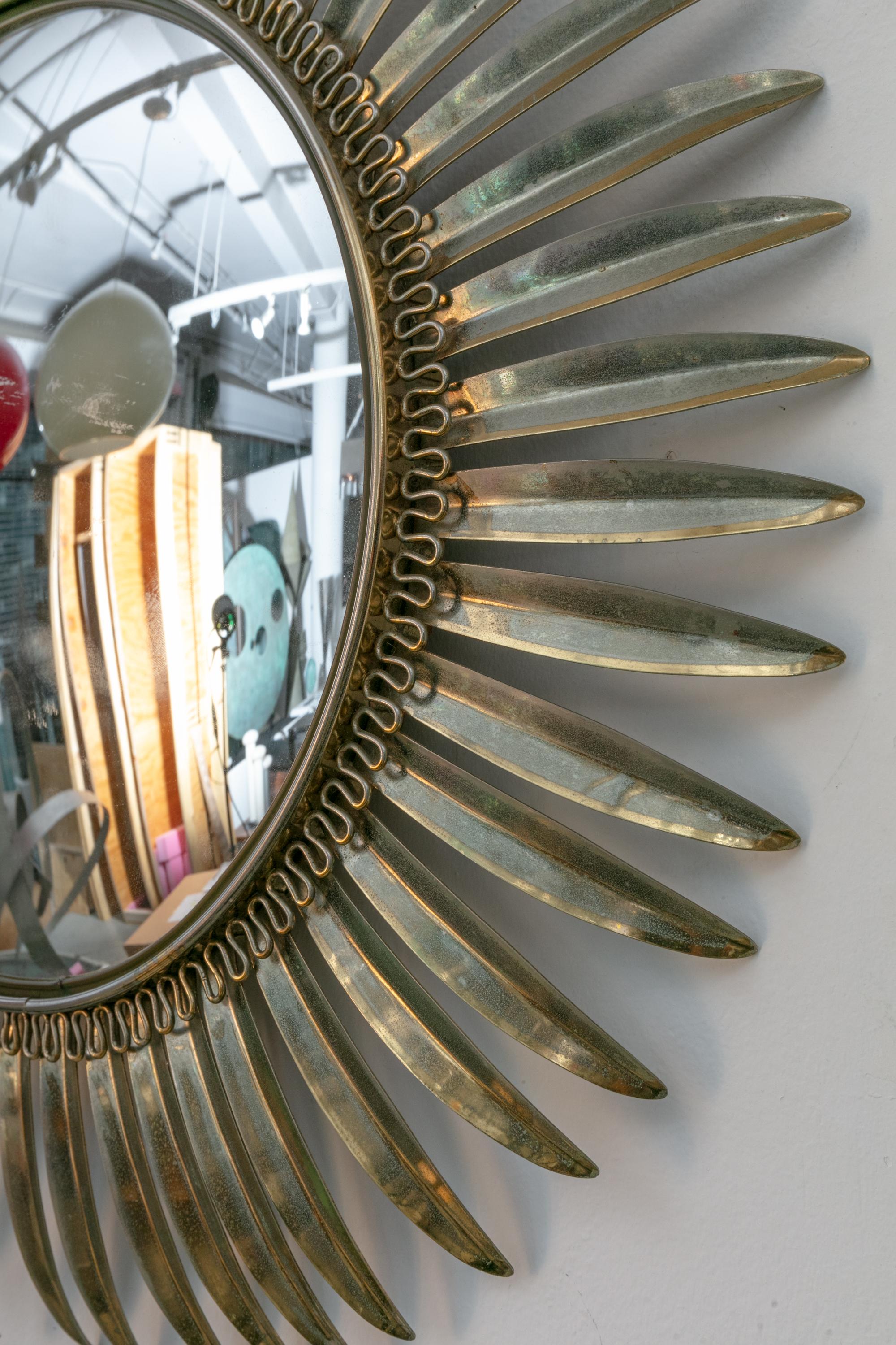 French Brass Convex Sunburst Mirrors, France 1950s