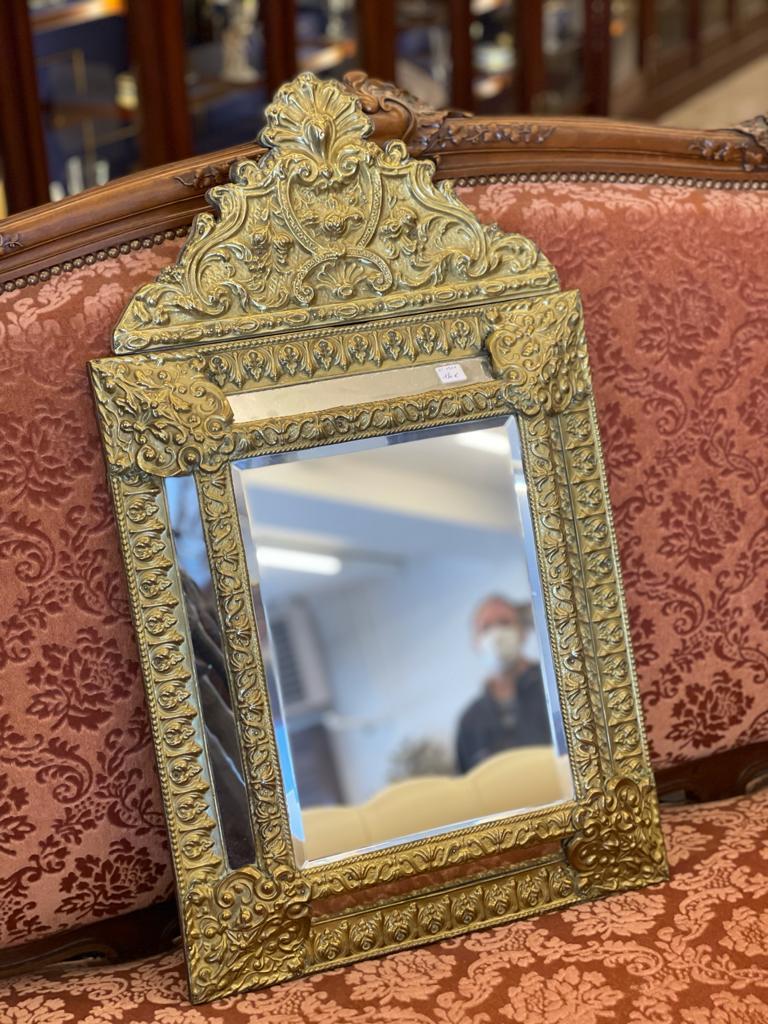 A nice clean French Brass Cushion mirror dating to around 1890. One small crack in side mirror see photo.
Height 75 cm
Width 44 cm.