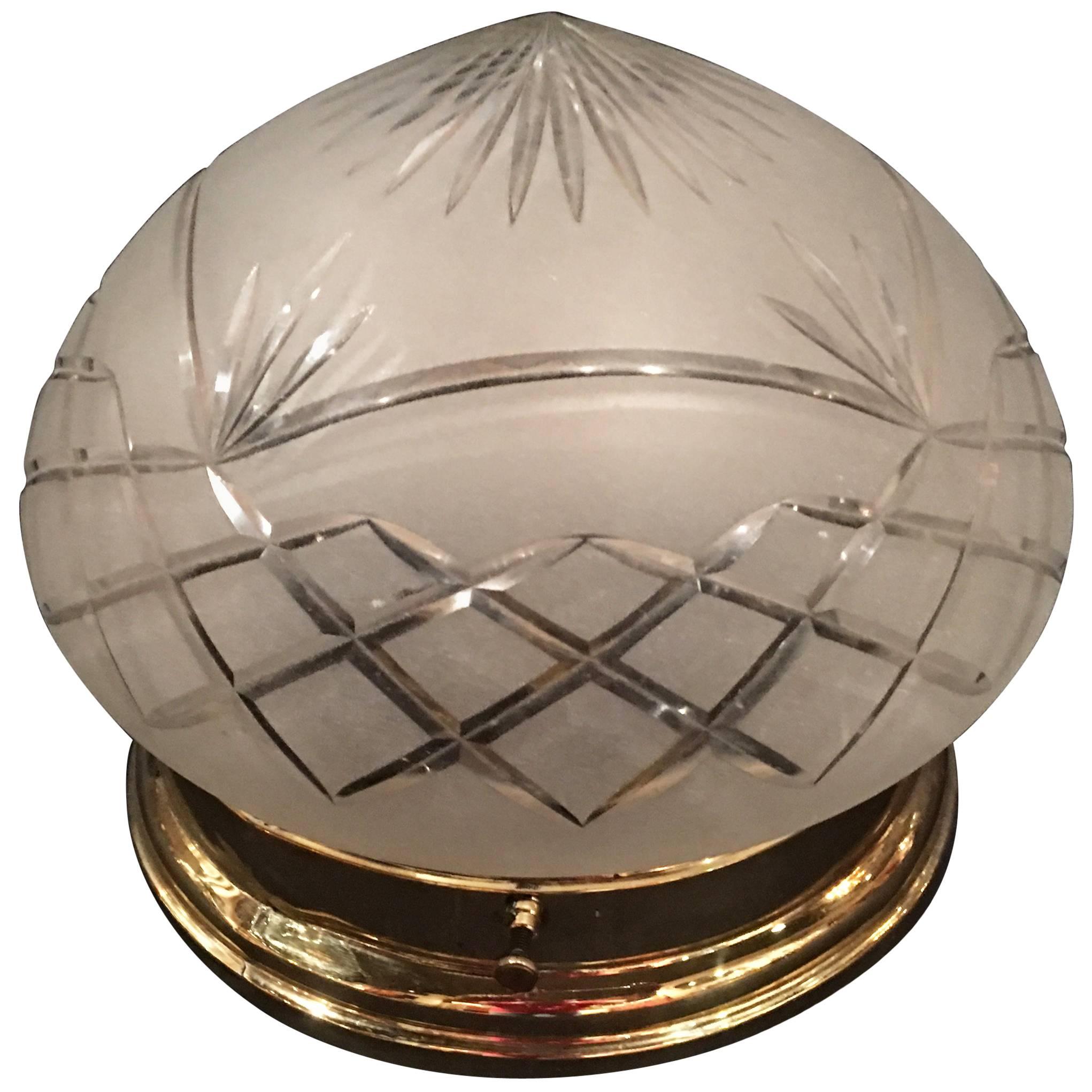 French Brass Cut Blown Glass Plafonnier 
Ceiling Light
 Wall Mount, 20th Century