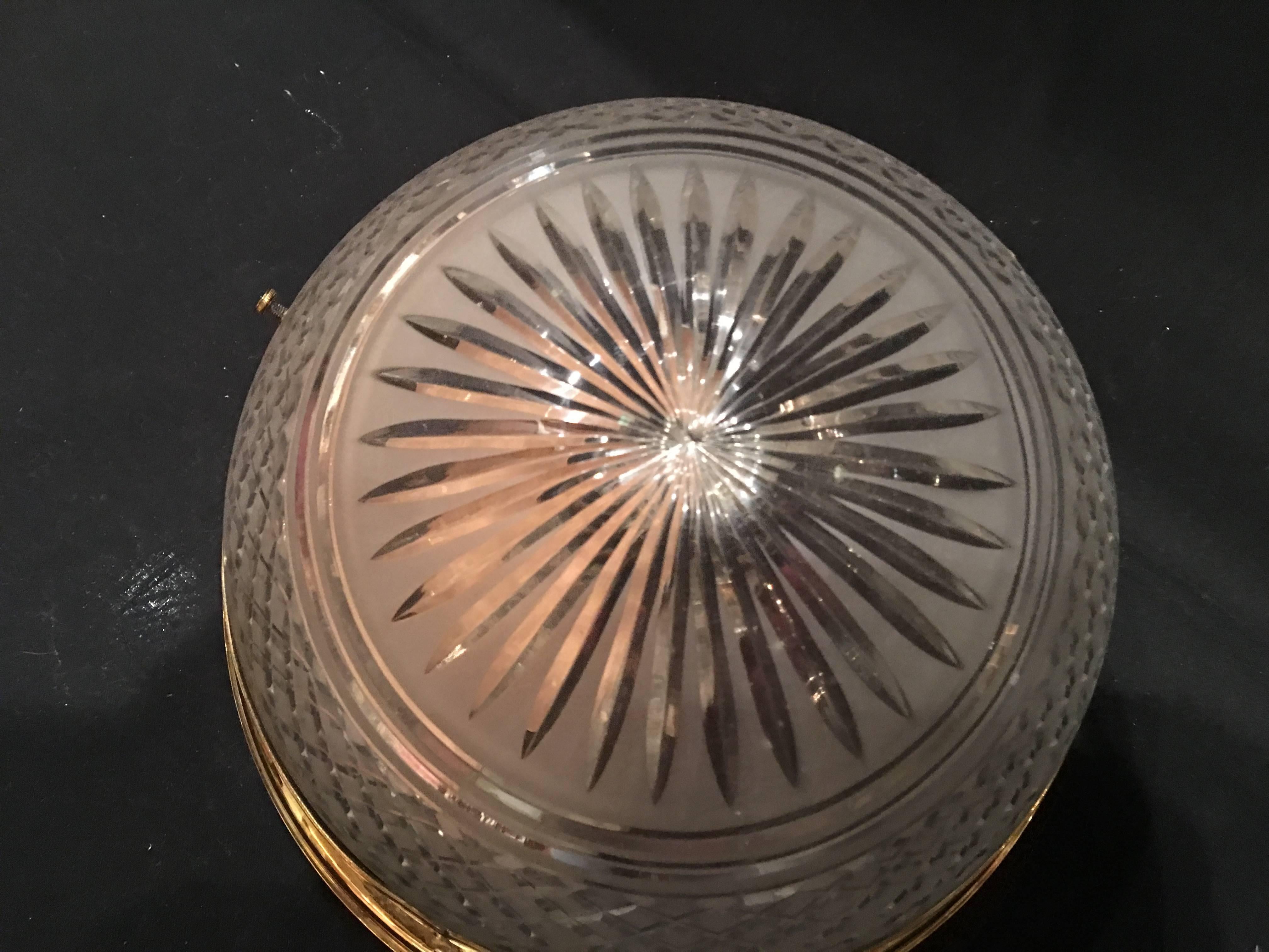 French Brass Cut Blown Glass Plafonnier 'Ceiling Light' Wall Mount, 20th Century In Good Condition In Savannah, GA