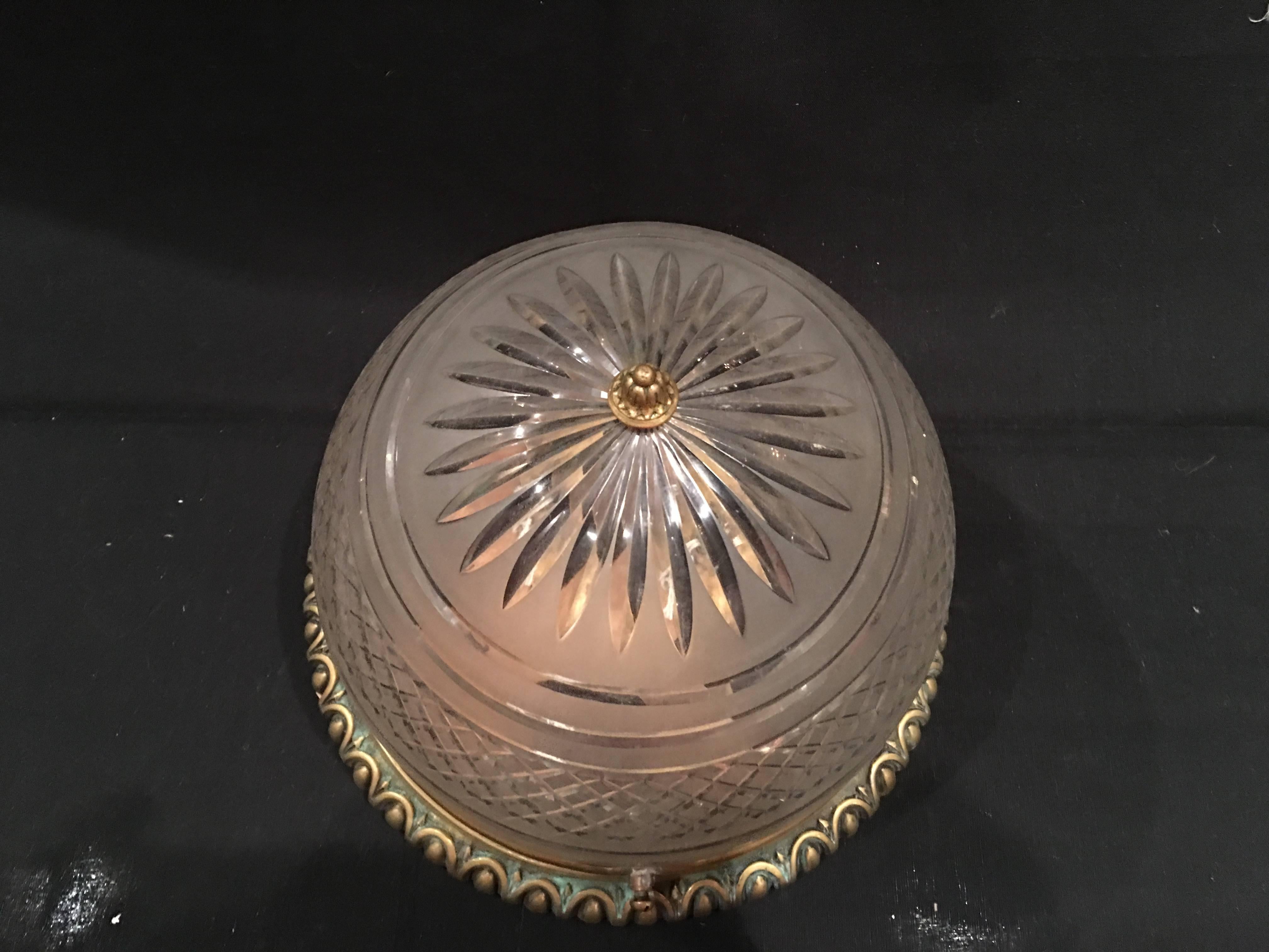 French Brass Cut Blown Glass Plafonnier 'Ceiling Light', 20th Century In Good Condition In Savannah, GA