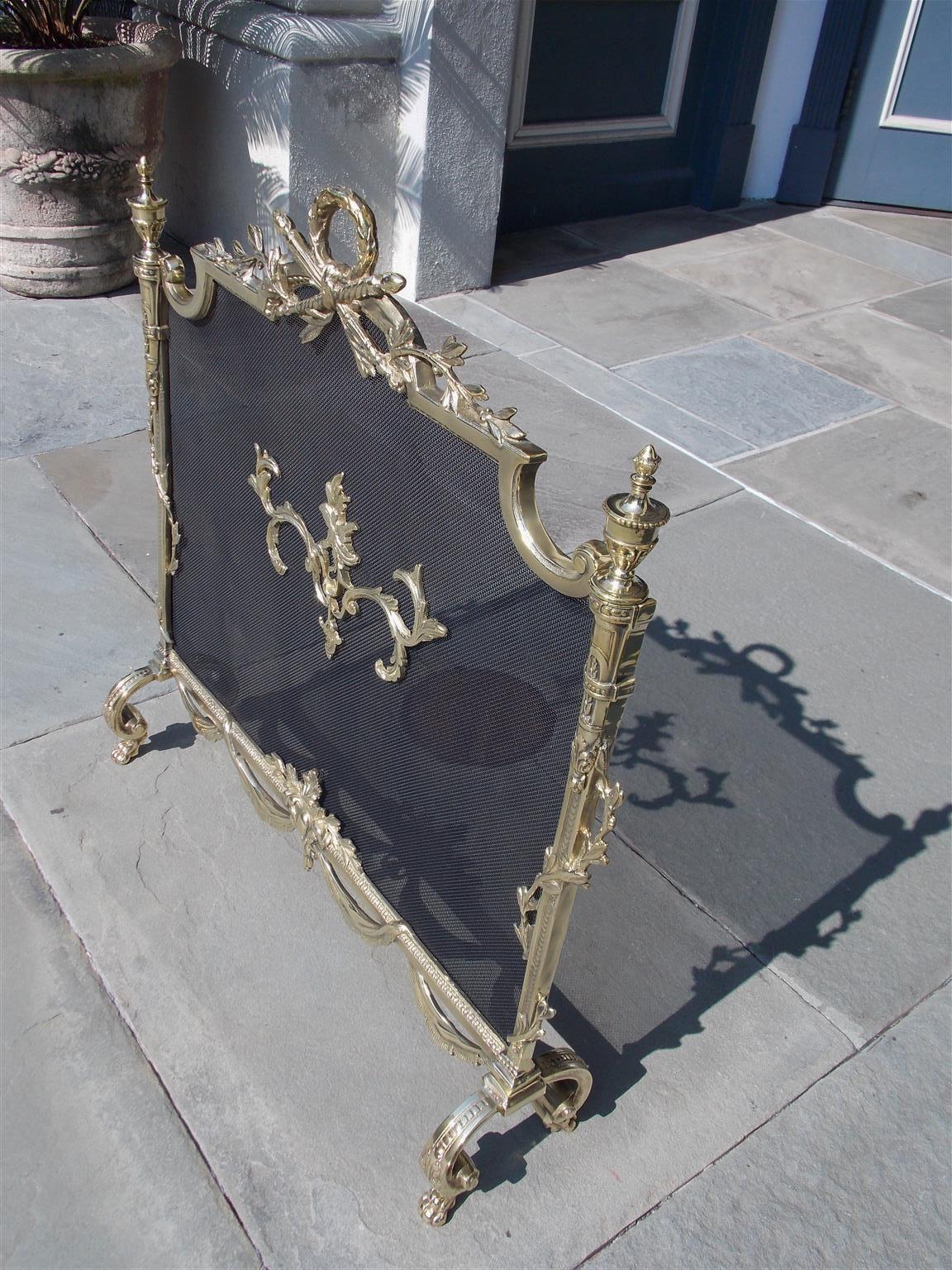 Cast French Brass Decorative Foliage and Urn Finial Fireplace Screen, Circa 1830