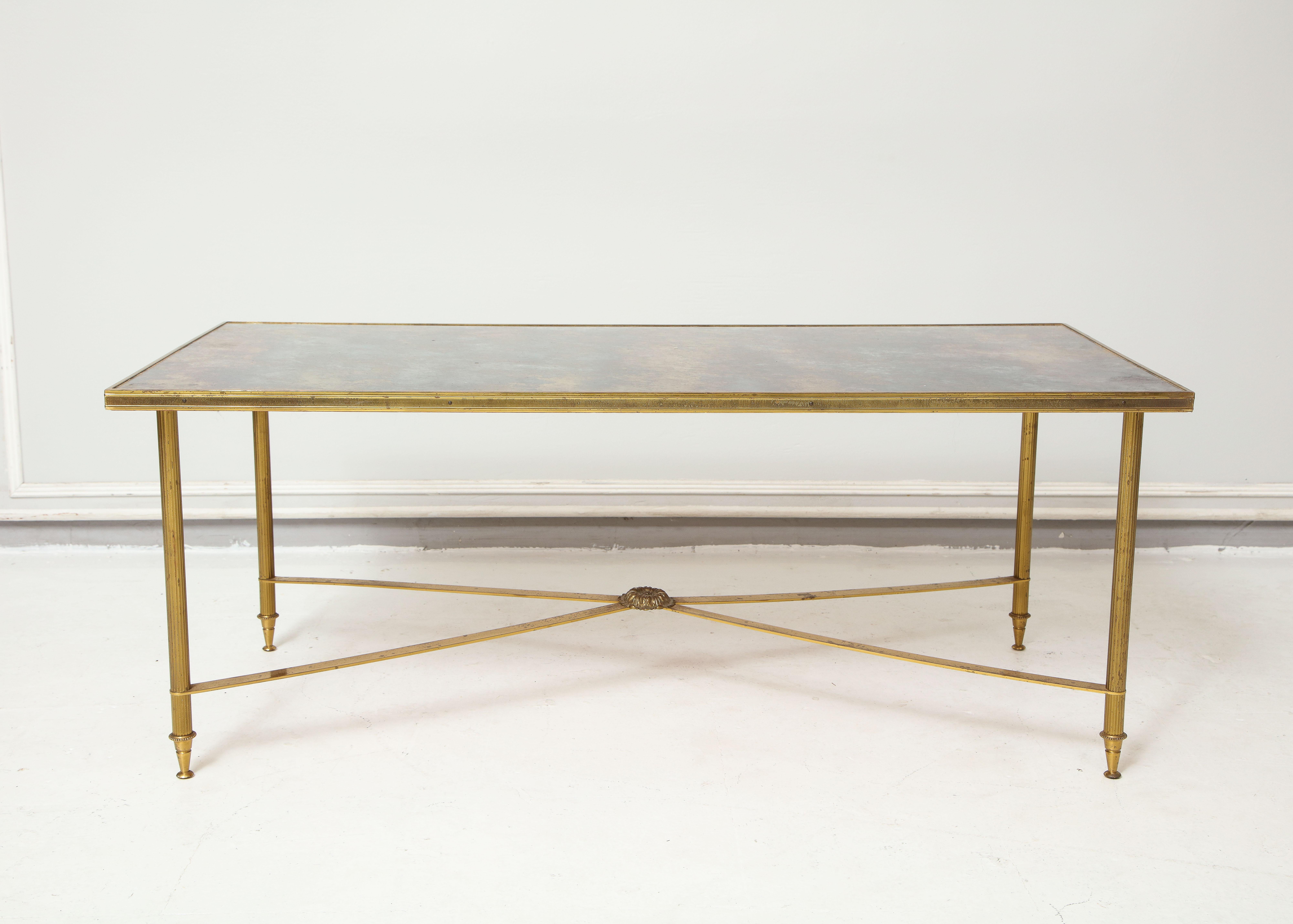 French Brass Directoire Style Coffee Table with Mirrored Top In Good Condition In New York, NY