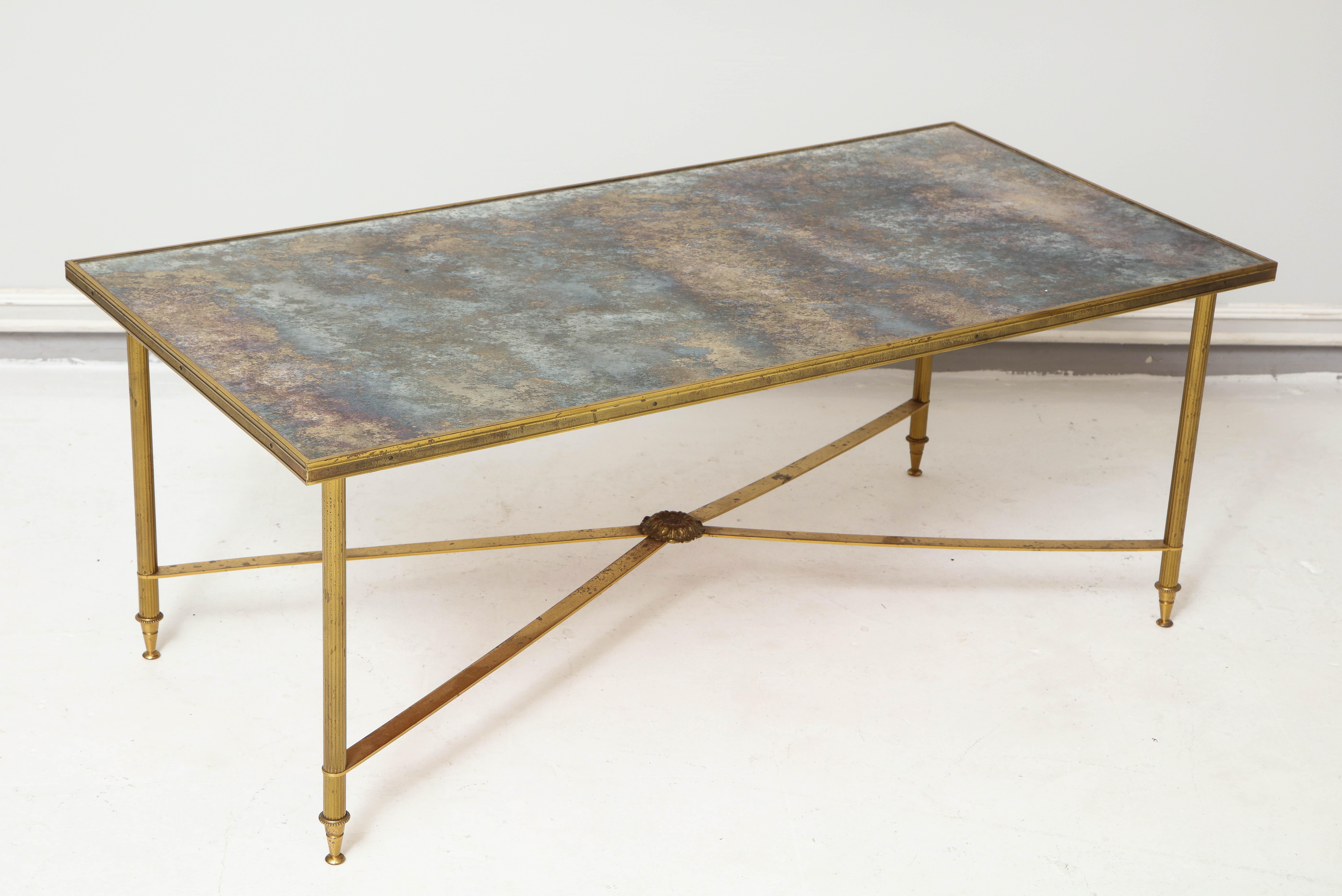 French Brass Directoire Style Coffee Table with Mirrored Top 1
