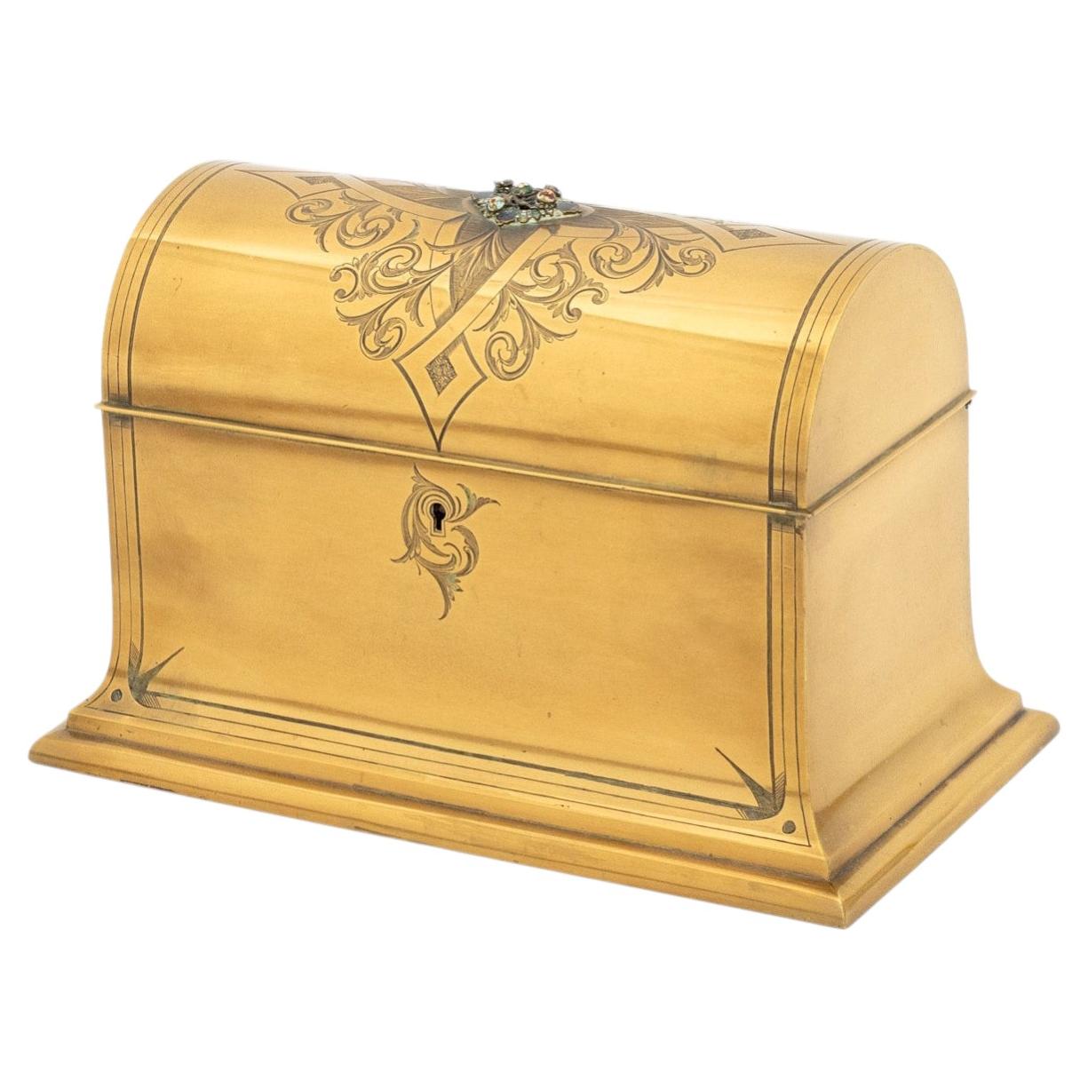 French Brass Domed Jewelry Box with Enamel Flowers For Sale