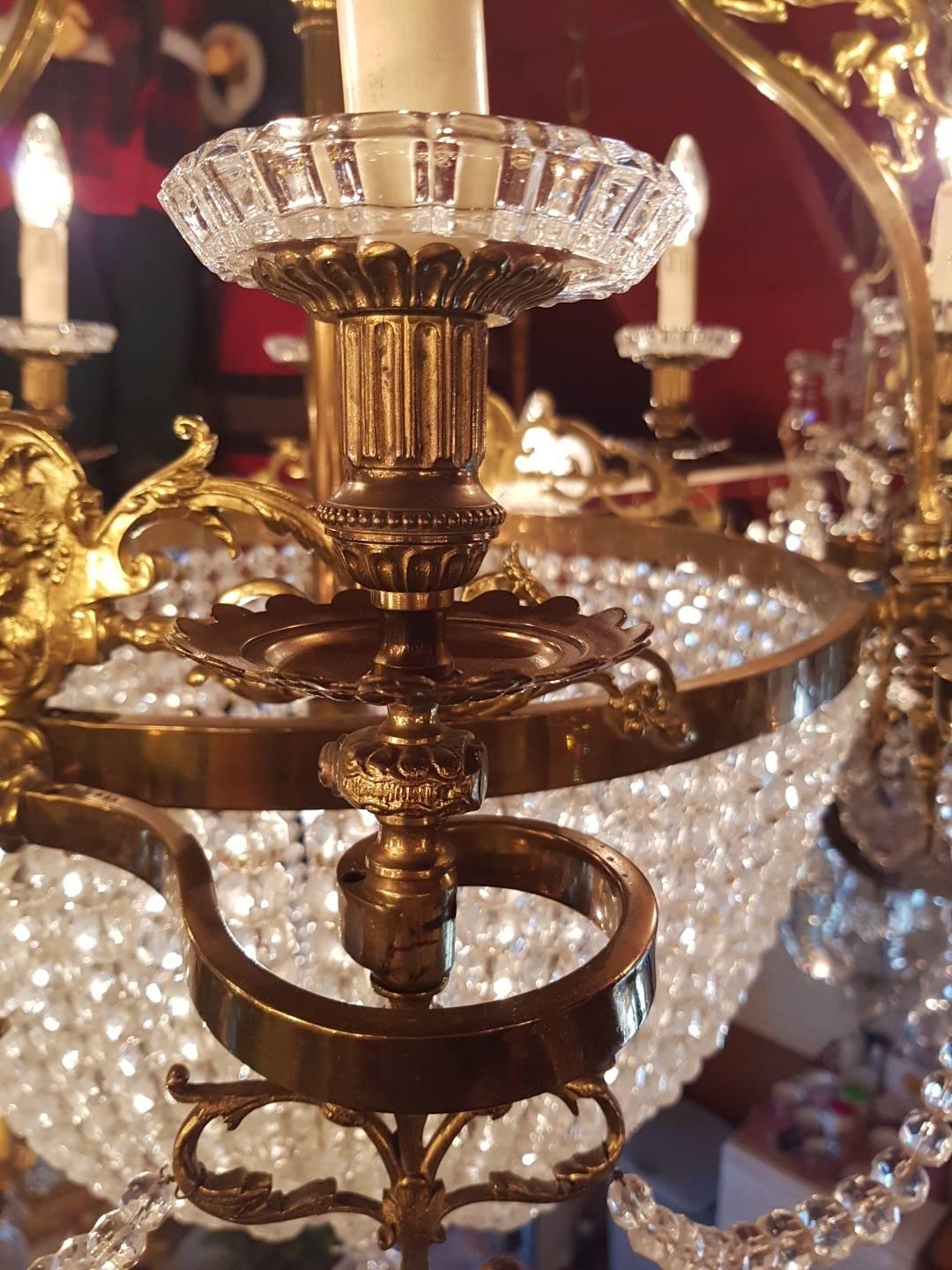 French Brass Empire Style Sac a Pearle Chandelier with Baccarat Crystal In Good Condition For Sale In Oldebroek, NL