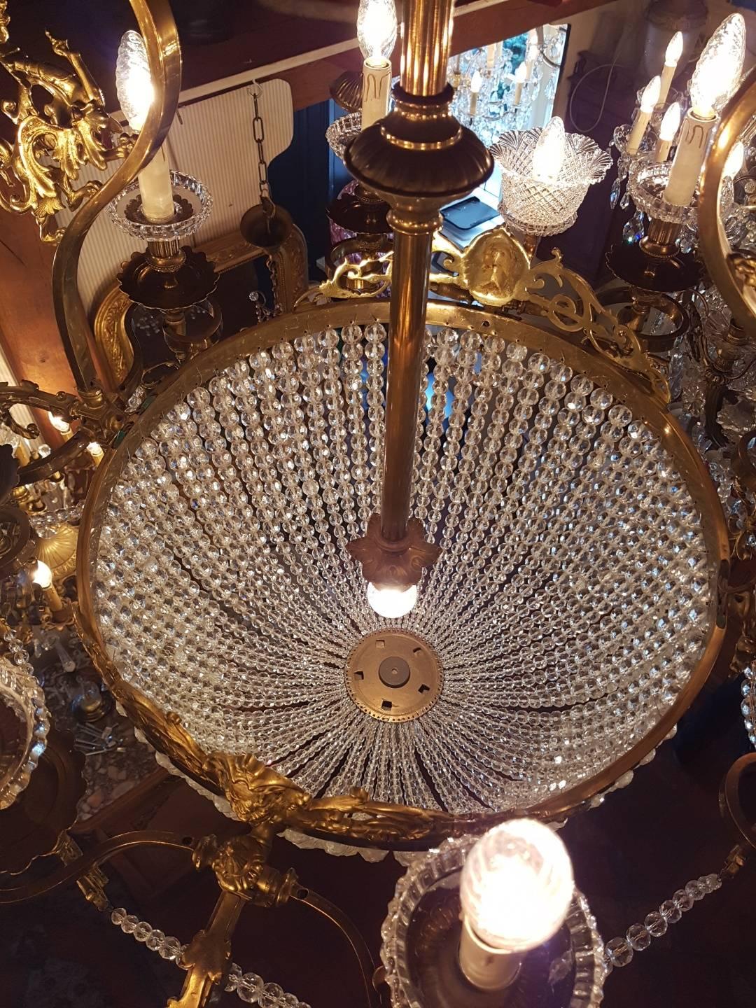 French Brass Empire Style Sac a Pearle Chandelier with Baccarat Crystal For Sale 1