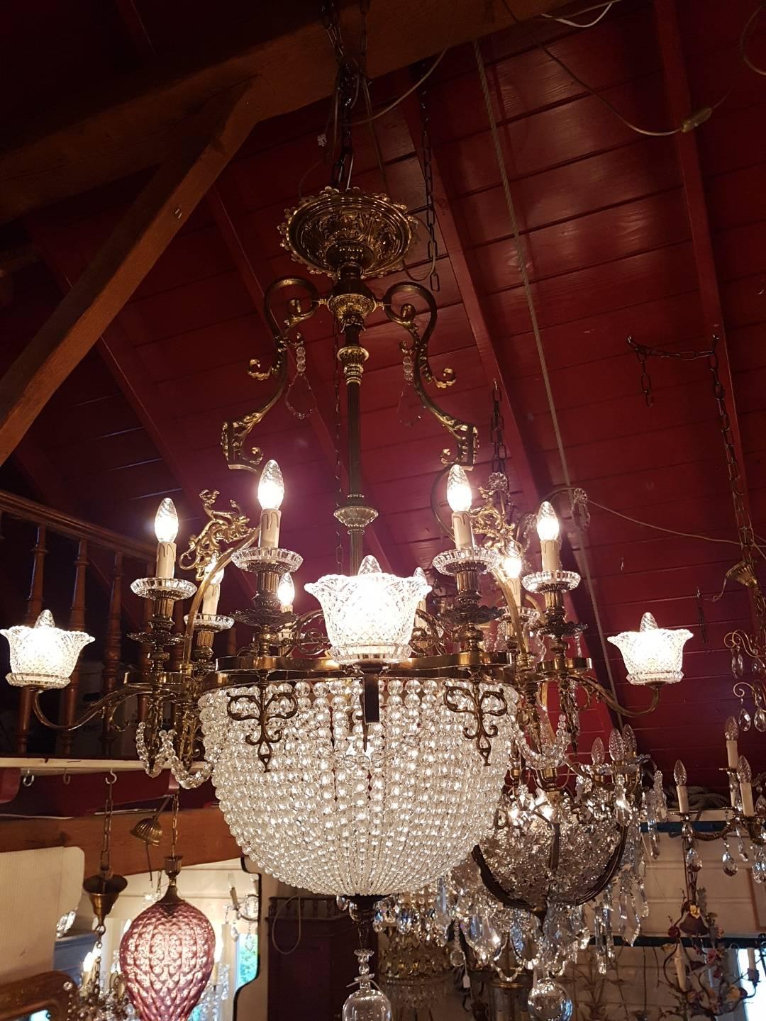 French Brass Empire Style Sac a Pearle Chandelier with Baccarat Crystal For Sale 2