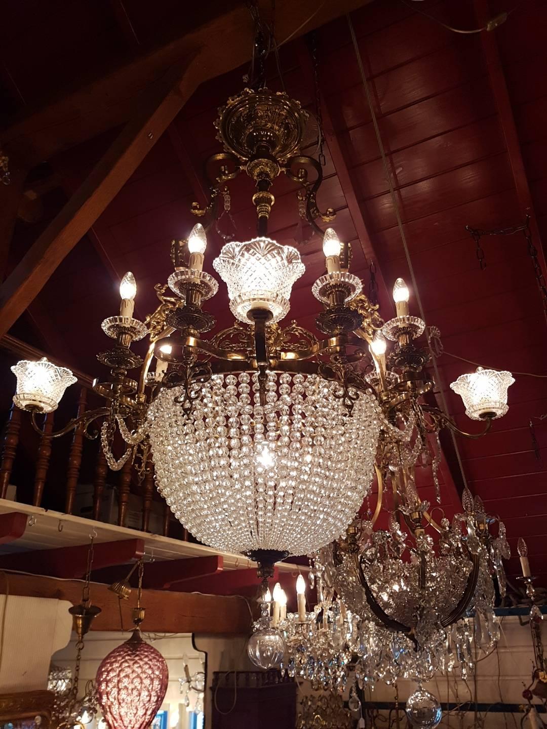 French Brass Empire Style Sac a Pearle Chandelier with Baccarat Crystal For Sale 3