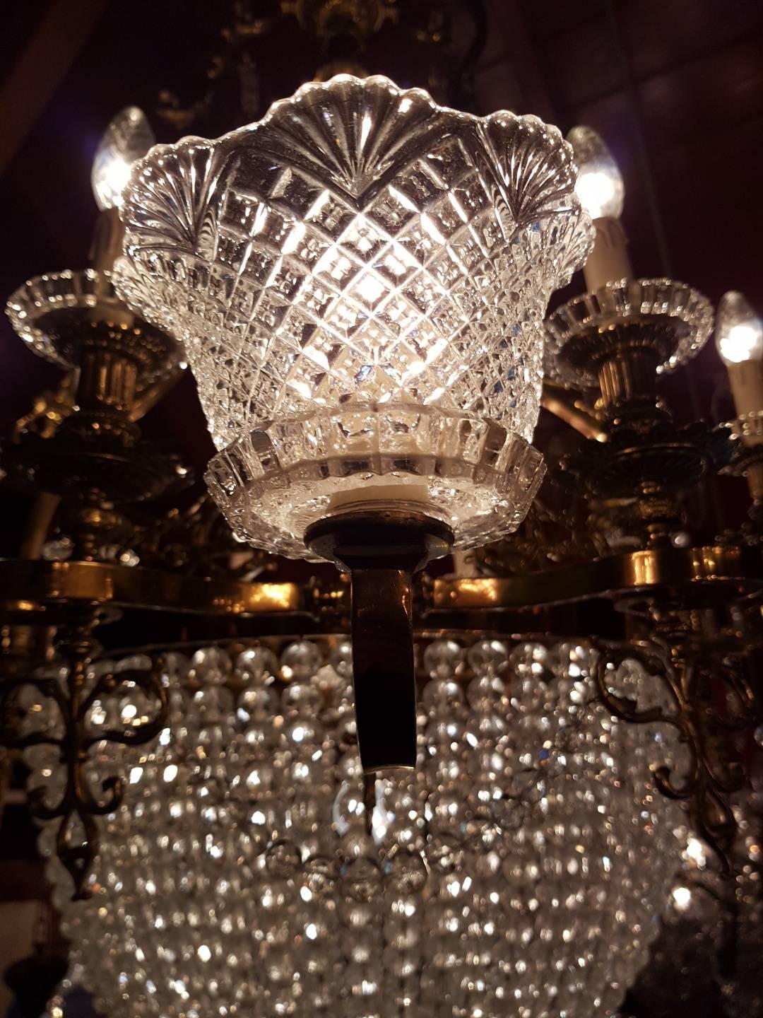 French Brass Empire Style Sac a Pearle Chandelier with Baccarat Crystal For Sale 5